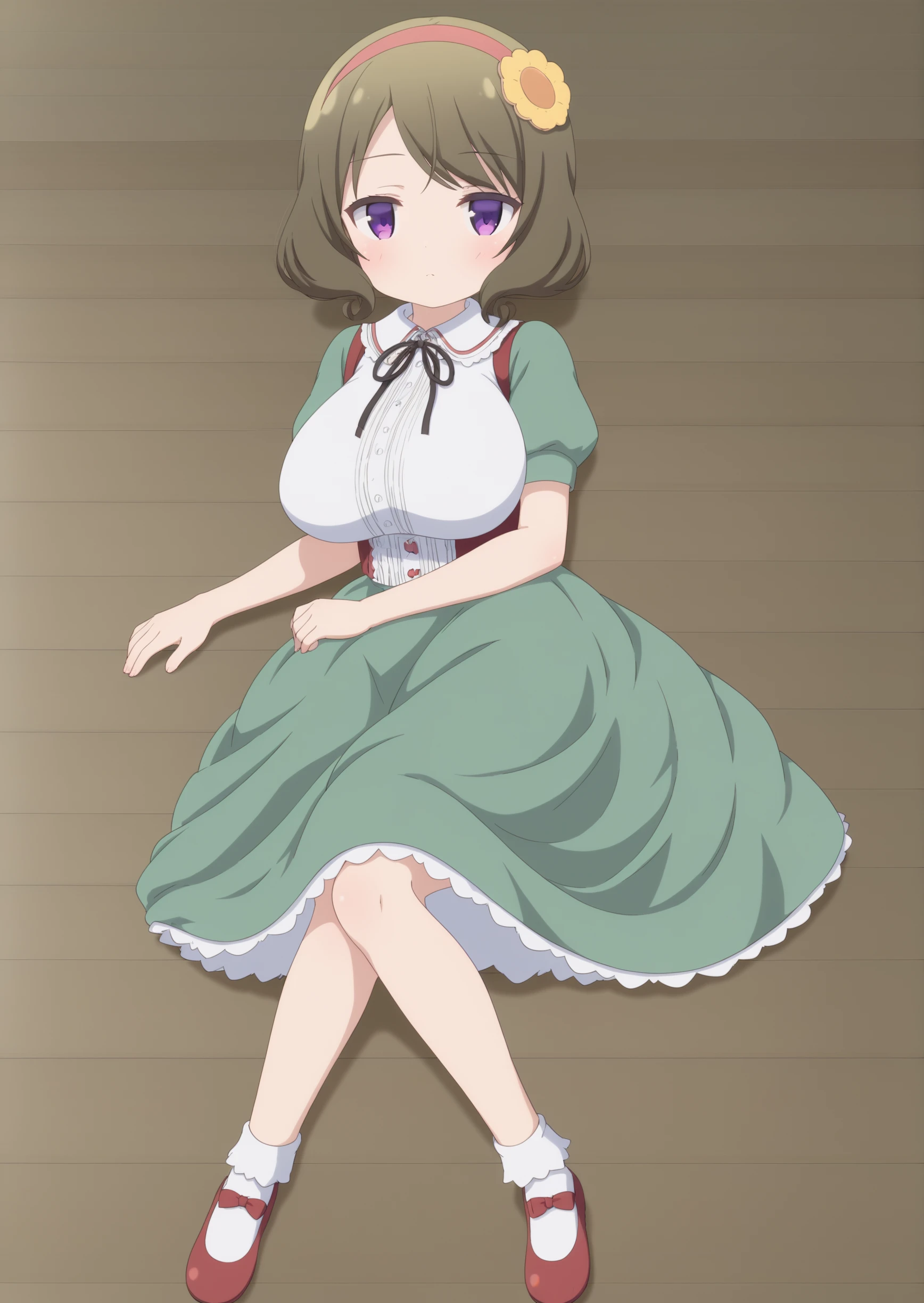 score_9,score_8_up,score_7_up,source_anime,masterpiece,best quality,1girl,solo focus,
kuroyanagi ruriko,purple eyes,hairband,hair flower,
white shirt,short sleeves,green sleeves,long skirt,green skirt,black ribbon,white socks,mary janes,
huge breasts,skinny,shiny skin,
blush,expressionless,
lying,on side,full body,on floor,
indoors,looking at viewer,
<lora:StS_detail_slider_v1:3> <lora:kuroyanagi_ruriko:0.8>
