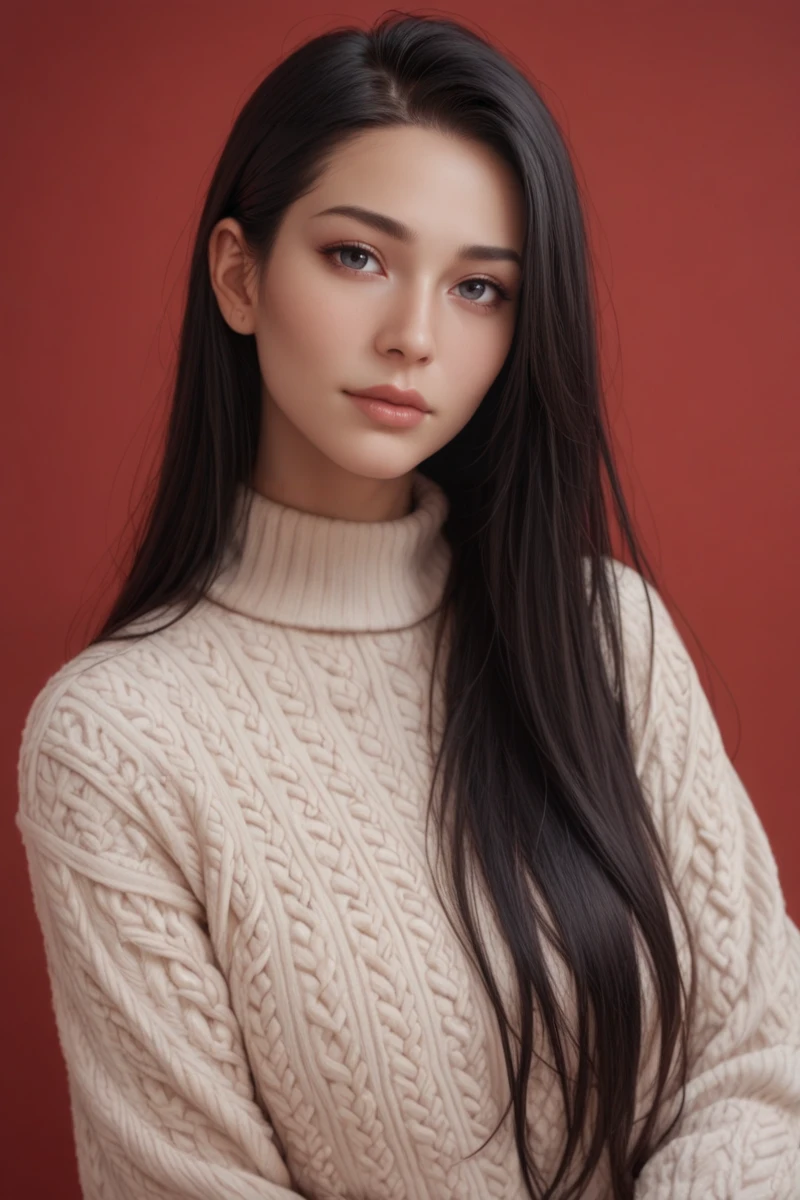 ,score_9,score_8_up,score_7_up, 20 years old, 8k, hd, beautiful girl, black hair, very long hair, straight hair, closed mouth,
1girl, detailed face, beautiful woman's face, sweater, red background, looking at viewer,