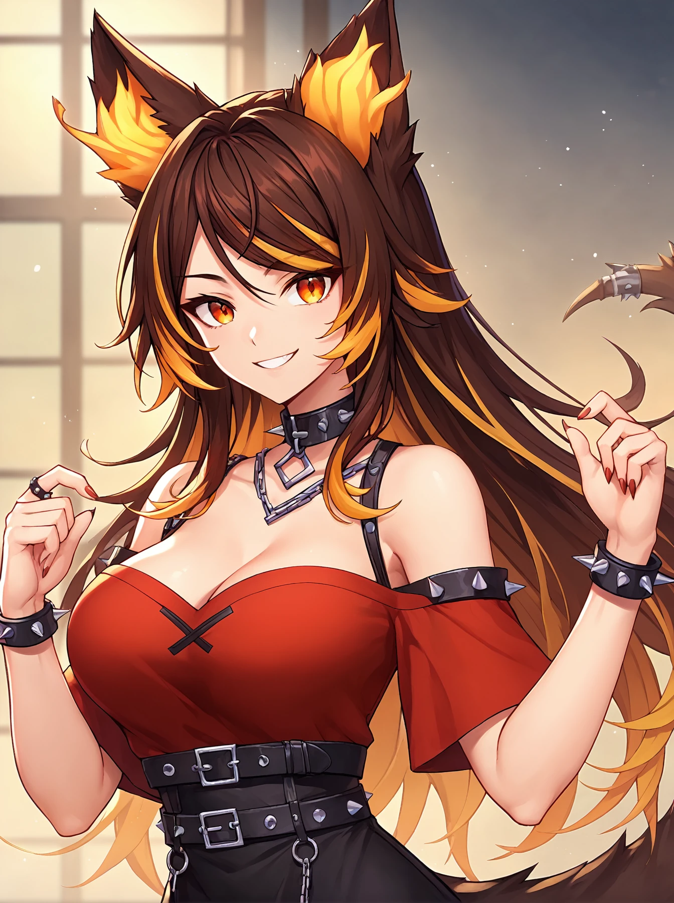 score_9, 
<lora:sinder_v1_lite:1>, sinderdef, 
1girl, solo, 
spiked black collar, off-shoulder shirt, frilled-short sleeved red shirt, spiked bracelet, spiked black belt, high-waist black skirt, 
upper body, 
looking at viewer, smile, 
source_anime, 
high resolution, Masterpiece, detailed