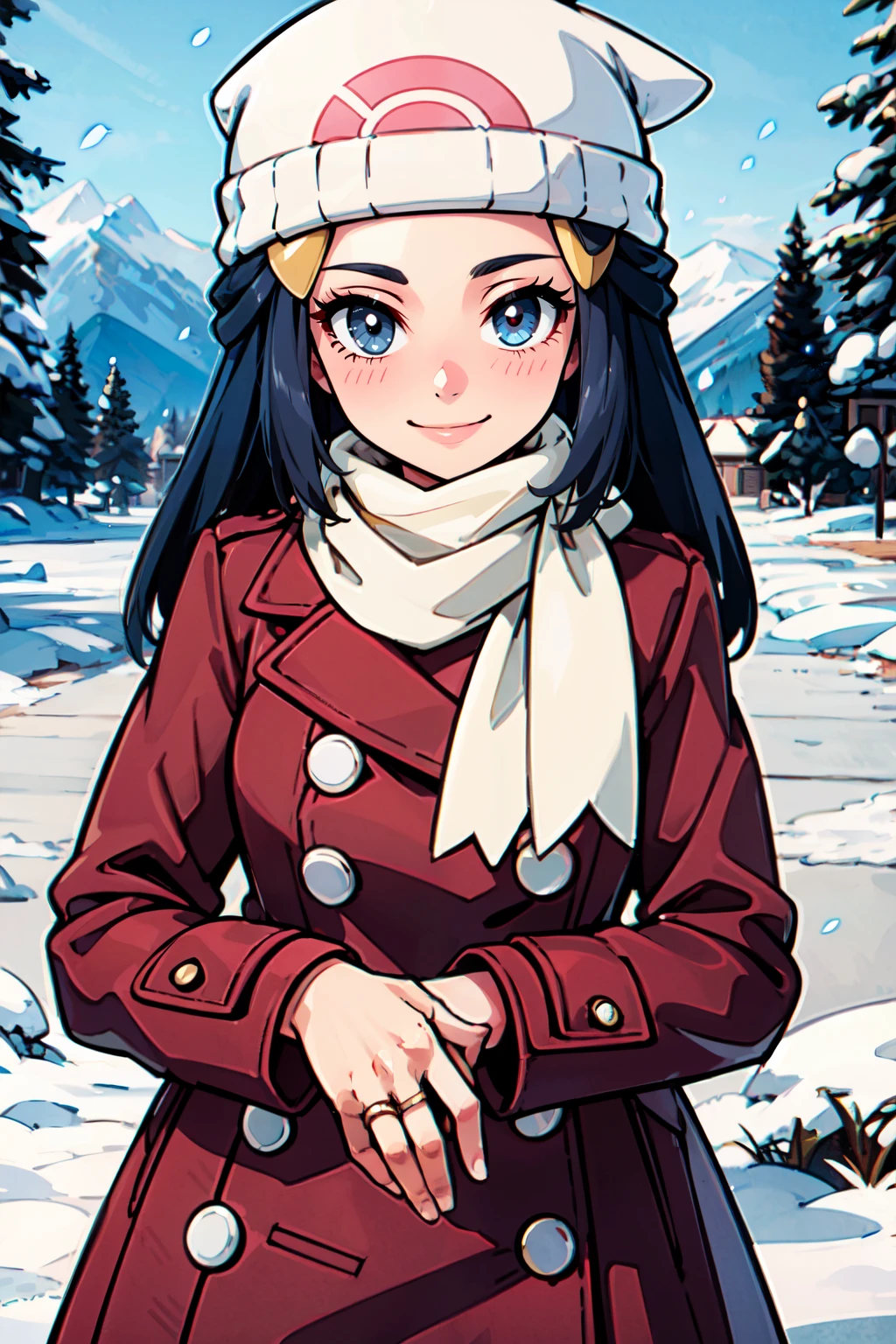 ((masterpiece,best quality)), absurdres, <lora:Dawn_v5:0.7>, zzDawn, winter clothes, coat, beanie, ring, white scarf, alternate costume, smile, looking at viewer, rings