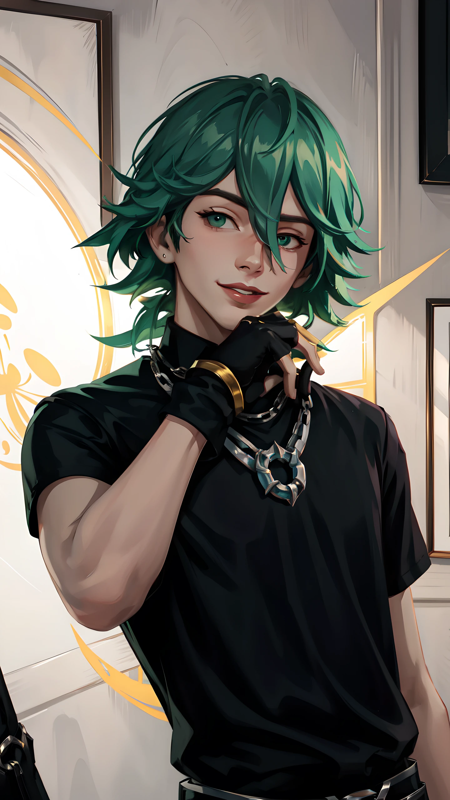 hs ezreal, solo, long hair, looking at viewer, smile, shirt, gloves, 1boy, hair between eyes, short sleeves, male focus, green hair, black gloves, fingerless gloves, necklace, blurry, black shirt, night, (best quality), (masterpiece), <lora:Heartsteel_Ezreal:0.7>, upper body, hands on hips