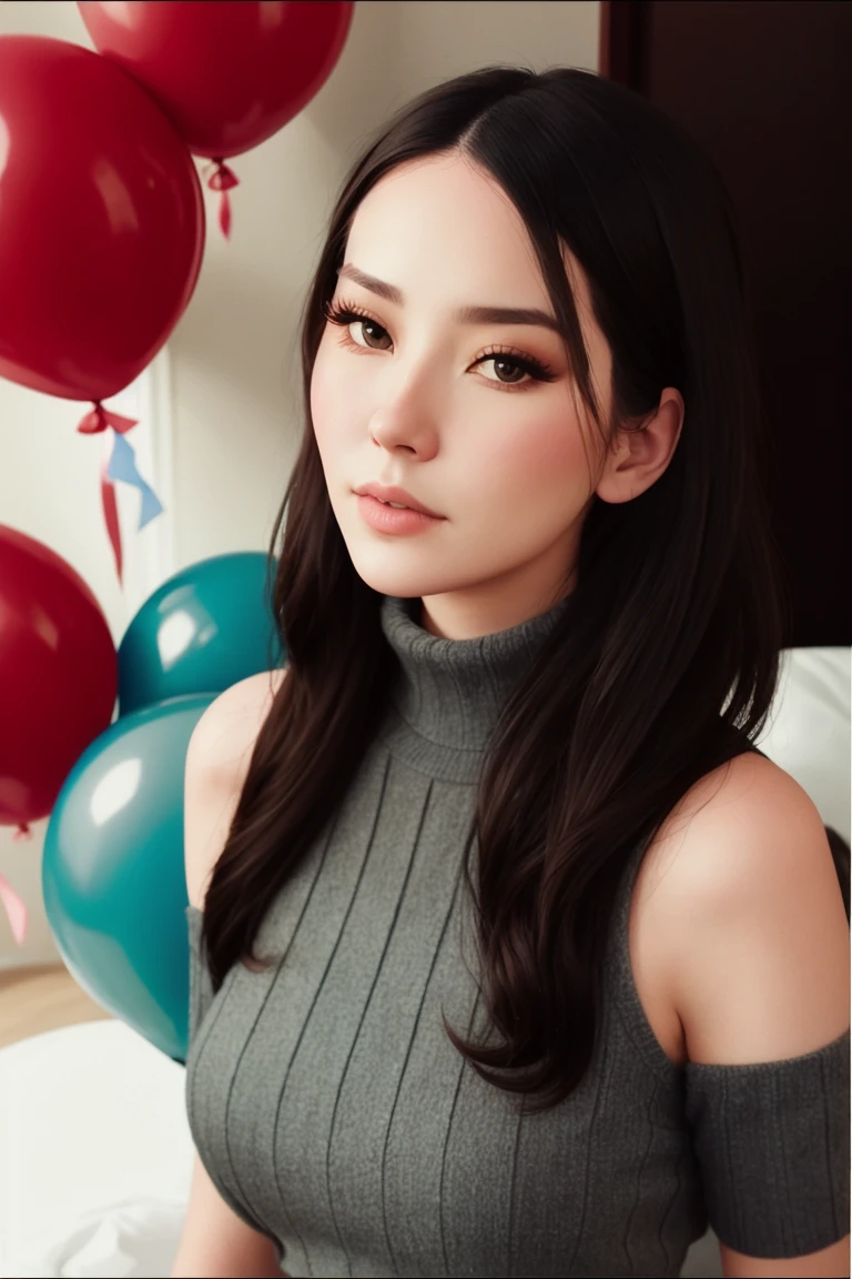 <lora:laurenchen-05:0.8>,,laurenchen, (epic),((detailed eyes, detailed face, detailed skin):1.2), photo of a woman,fashion portrait photo of young woman from the 60s wearing a red turtleneck standing in the middle of a ton of white balloons, taken on a hasselblad medium format camera