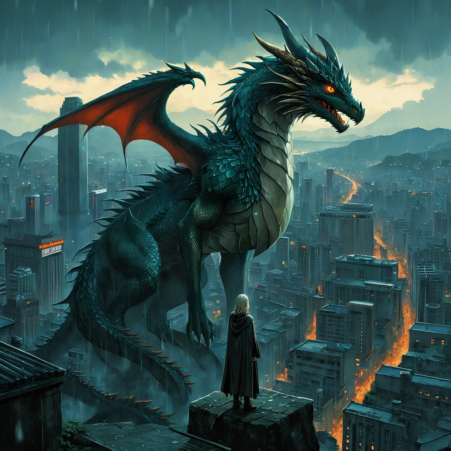 anime, fantasy, novel illustration, high fantasy, epic fairytale, taipei looming over the city in a light drizzle, mature female, anato finnstark, eyes, yuko shimizu, dragon, slit pupils, scales, full body, full shot