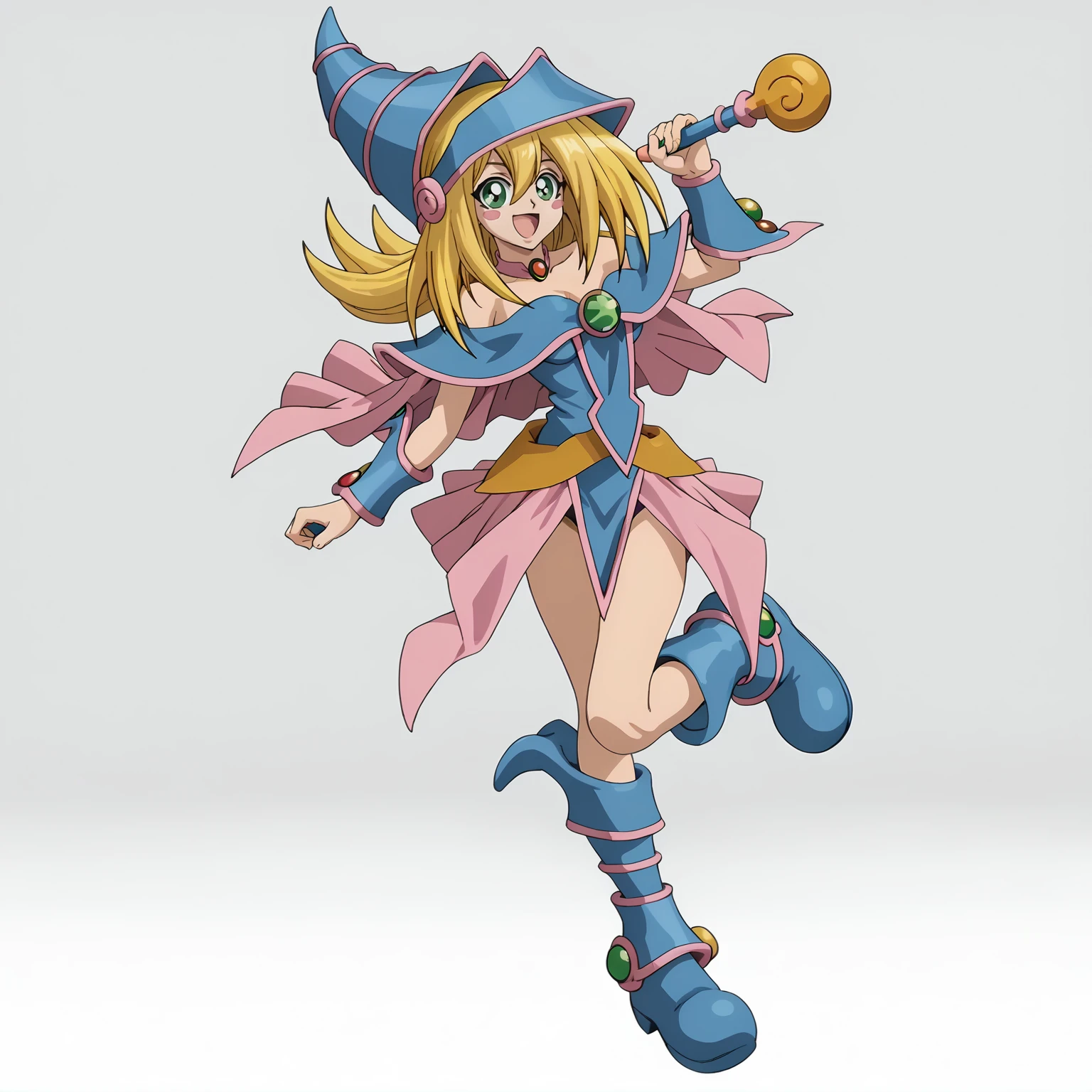 <lora:DarkMagicianGirlXLpony001>,
smile,open mouth,
solo,
DarkMagicianGirl,1girl,blonde hair,blush stickers,green eyes,
wizard hat,
choker,
bare shoulders,cleavage,capelet,dress,see-through,
pink skirt,
blue footwear,boots,
wand,holding,
full body,standing,