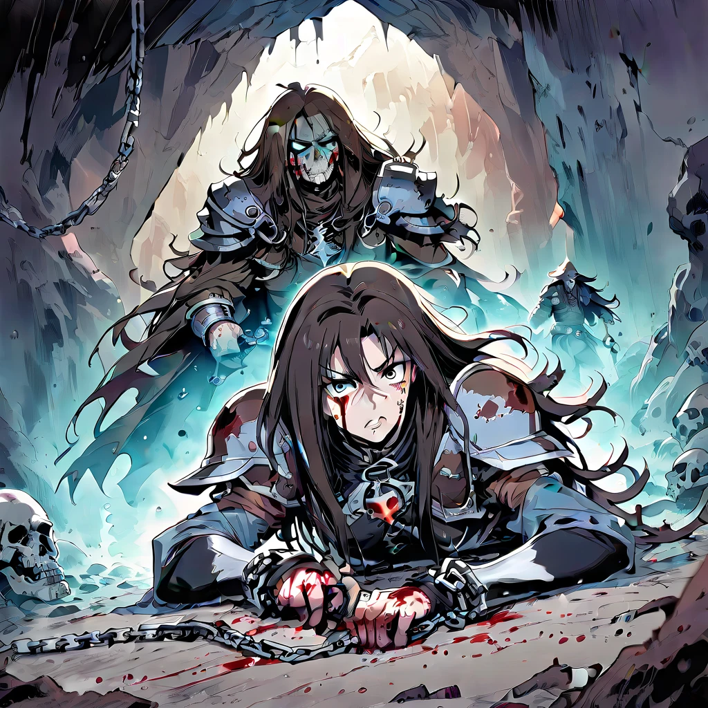belt, brown background, blood on face, long hair, still life, magic, full armor, outdoors, dated, siblings, helmet, shackles, tan, cowboy shot