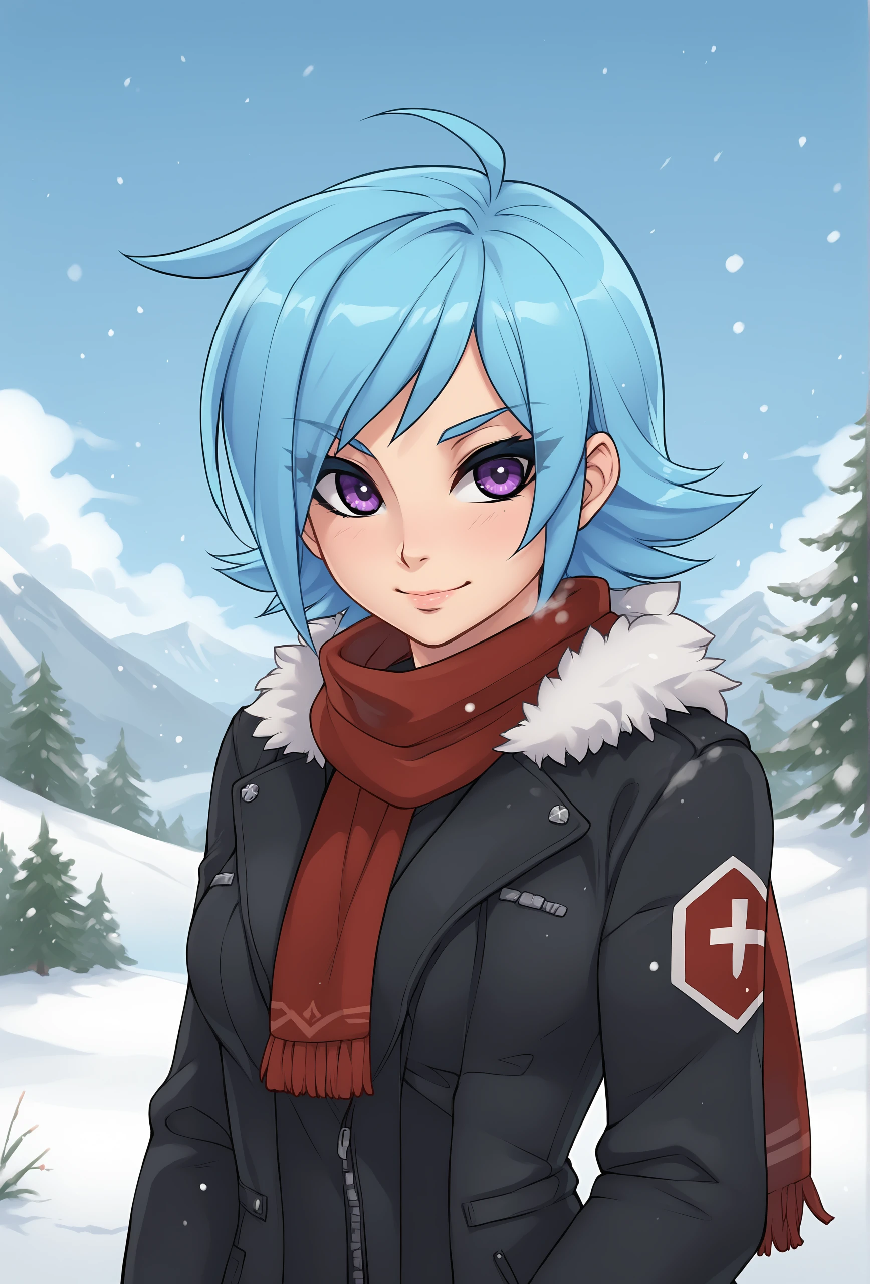 score_9, score_8_up, score_7_up, score_6_up, score_5_up, score_4_up, outdoors, snow, blue sky, cloud, source_anime BREAK
<lora:vikna_fluffkevlar_ponyXL_v1.3_0.99:1> vikna, 1girl, purple eyes, human, blue hair BREAK
jacket, fur trim, scarf, light smile, eye reflection, medium breasts