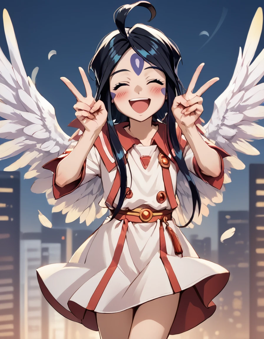 score_9, score_8_up, score_7_up, score_6_up, score_5_up, score_4_up, source_anime,  , Skuld, looking at viewer, blush, smile, open mouth, closed eyes, :d, wings, v, ^_^, feathered wings, double v, angel, facepaint, city