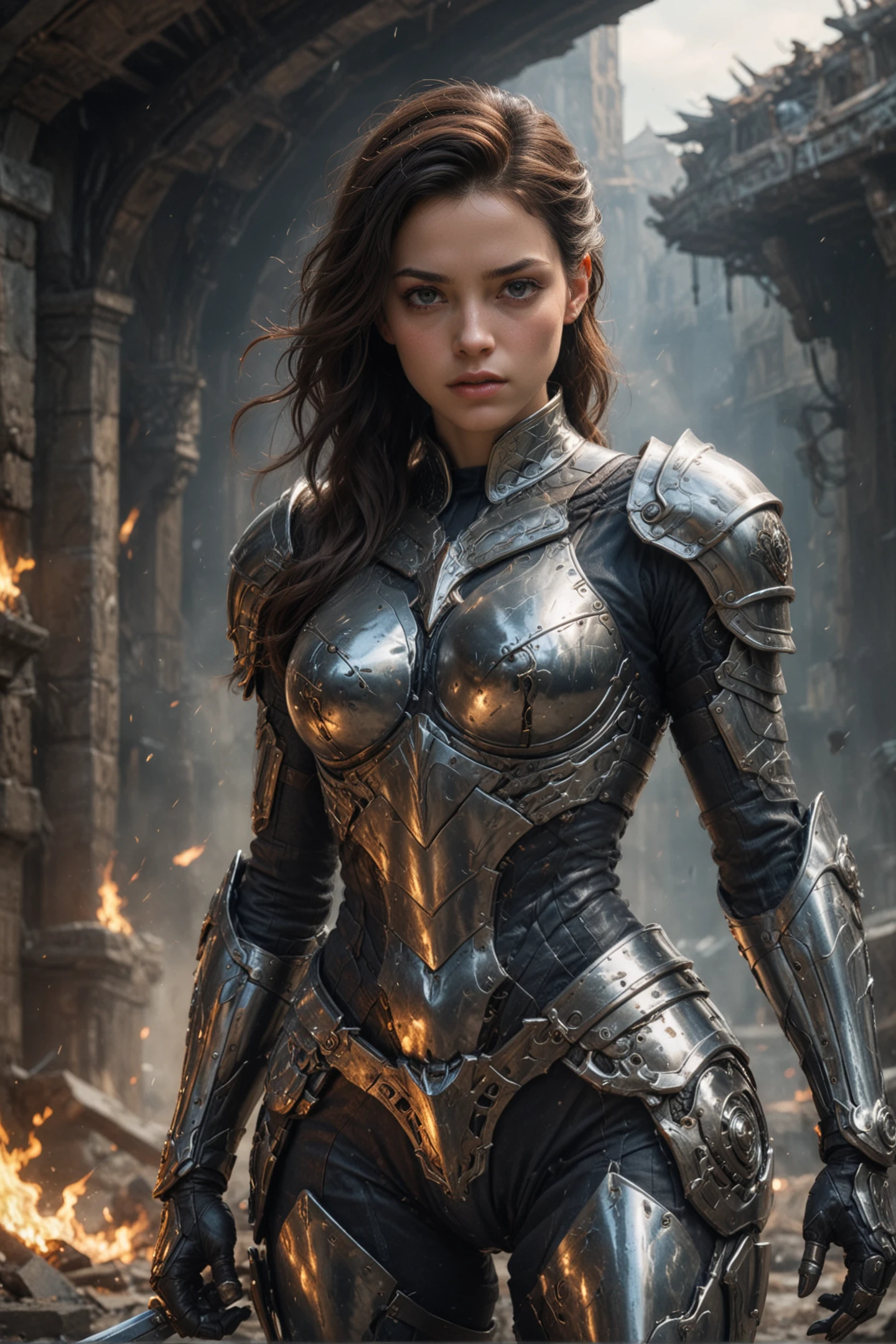 digital art, In the heart of a bustling city, a female figure OR (;heavy;medium;light;battle;iron;steel;-materialcombination-;plate;-age-;-charactertype-;uncommon) armored in her heavy armor and wielding a powerful sword embodies an artifact. Her metallic body is made up of shimmering blue hues, and she wears a shiny silver OR (;heavy;medium;light;battle;iron;steel;-materialcombination-;plate;-age-;-charactertype-;uncommon) armor and gloves. She gazes intently at a blank canvas, her eyes wide with wonder as she contemplates its mysteries. The scene is reminiscent of a sci-fi masterpiece, featuring intricate details and bold lines that capture the essence of this unique element. stylized by raphael, caravaggio, greg rutkowski, beeple, beksinski and giger, Detailed illustration, Selective focus