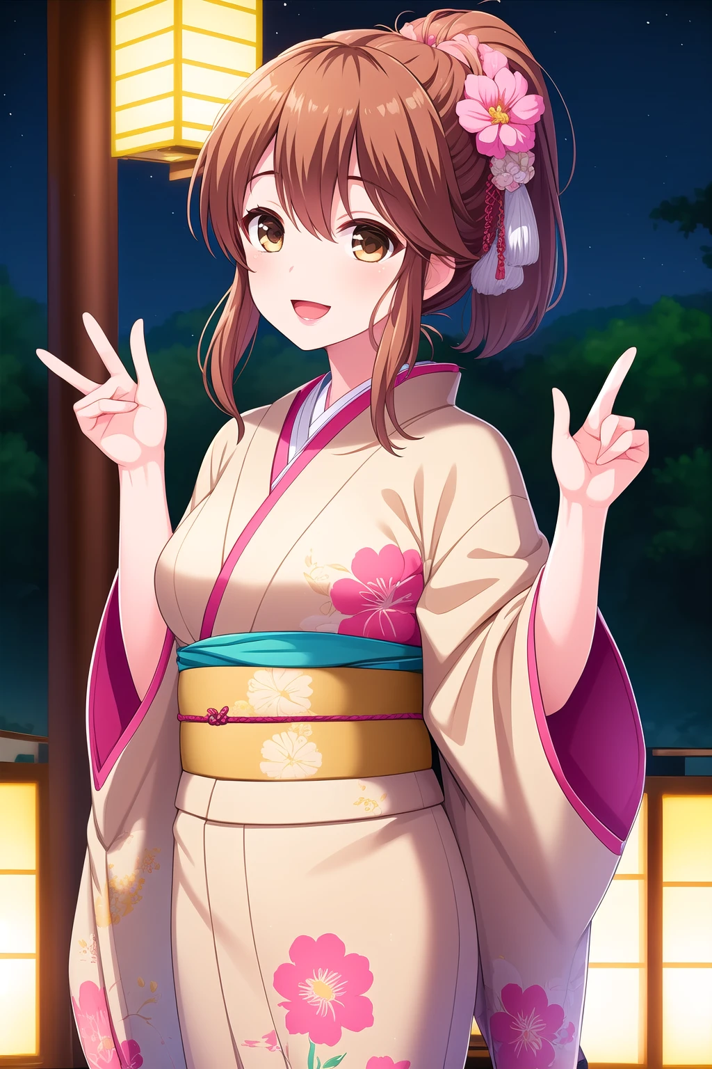 (masterpiece, best quality), highly detailed background, perfect lightingbest quality, kawakamiseri, solo, outdoors, night, summer festival, light brown hair, ponytail, hair between eyes, long hair, sidelocks, brown eyes, medium breasts, yellow kimono, floral print, japanese clothes, smile, open mouth, :d, pink lips, <lora:Kawakami-Seri-2-10:0.7>