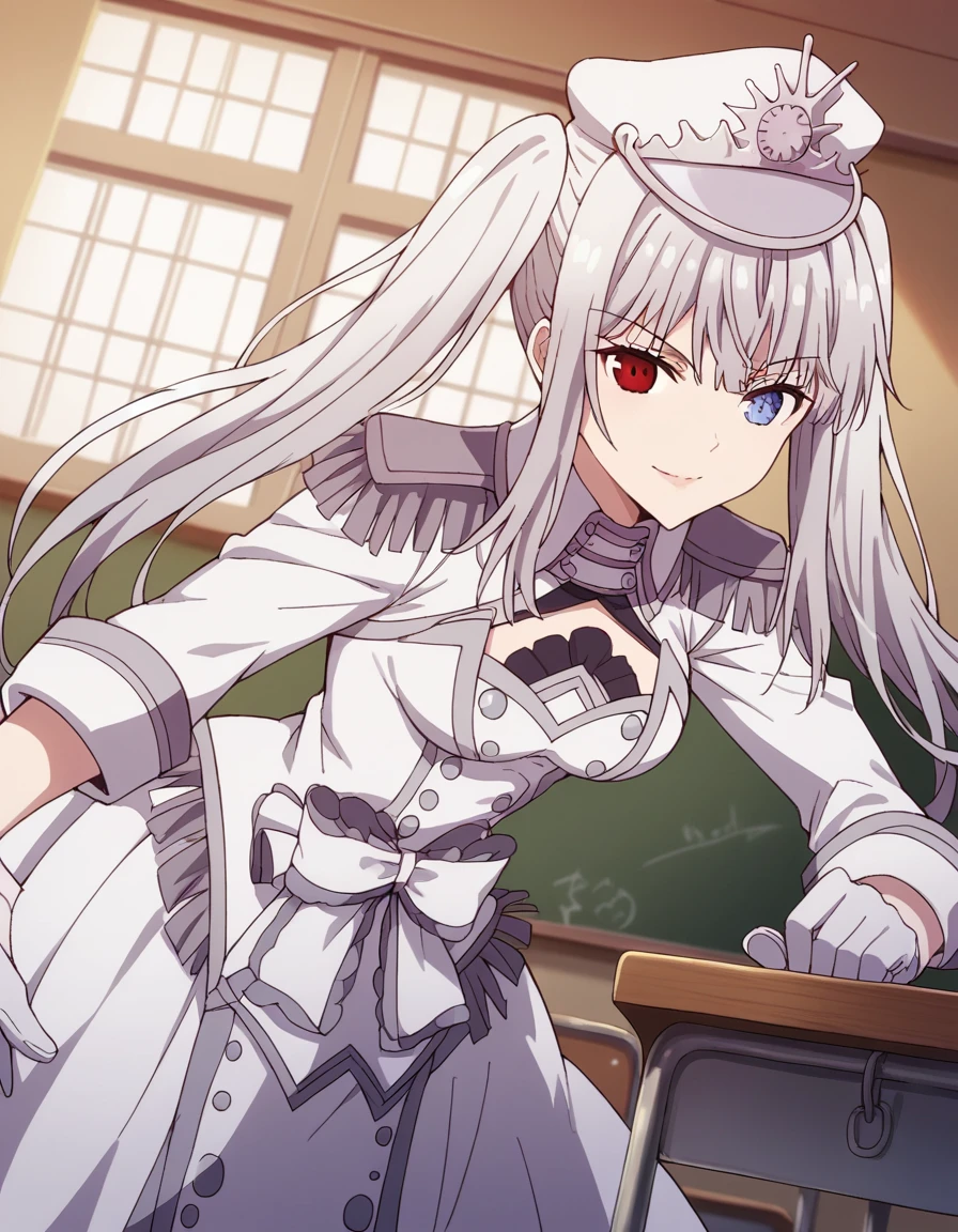 score_9, score_8_up, score_7_up, source_anime,
whitequeen, <lora:white-queen-movie-ponyxl-lora-nochekaiser:1>,
white queen, long hair, bangs, twintails, white hair, heterochromia, red eyes, blue eyes,
gloves, long sleeves, hat, dress, bow, frills, white gloves, white dress, white headwear, epaulettes, half gloves,
indoors, classroom, bent over, smile,
solo, dutch angle, looking at viewer, cowboy shot,