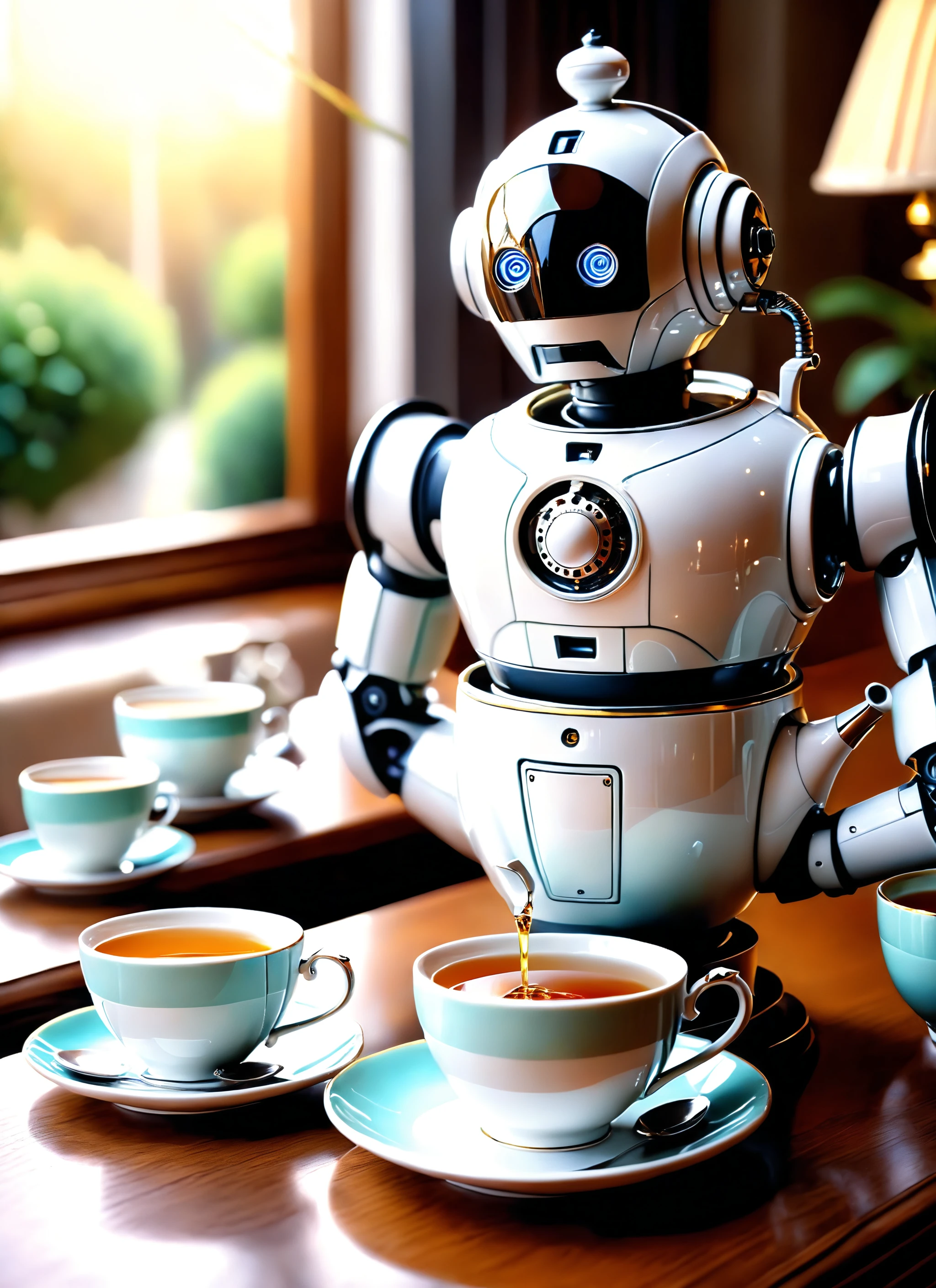 Close-up pastel drawing, (Robotic butler serving tea:1.3), Off-centered focus, Mechanical server, Pouring teapot, (Soft cream exterior:1.2), Elegant tea setting, Fine china cups, Domestic elegance, Sunlit warmth, (Tea time charm:1.2), Blurred background, Gentle pastel hues <lora:Robot Head XL v1.0:1> robot_head