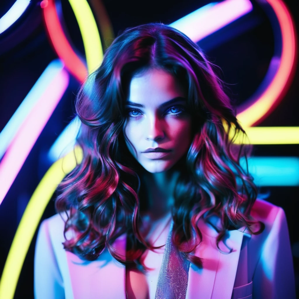 Photo of a woman with long wavy hair,portrait,kodachrome, neon,cyberpunk, brxpalvin, <lora:barpalvin_juggerX_xl_1_wocap_merger_84_91_06_04-brxpalvin:1>