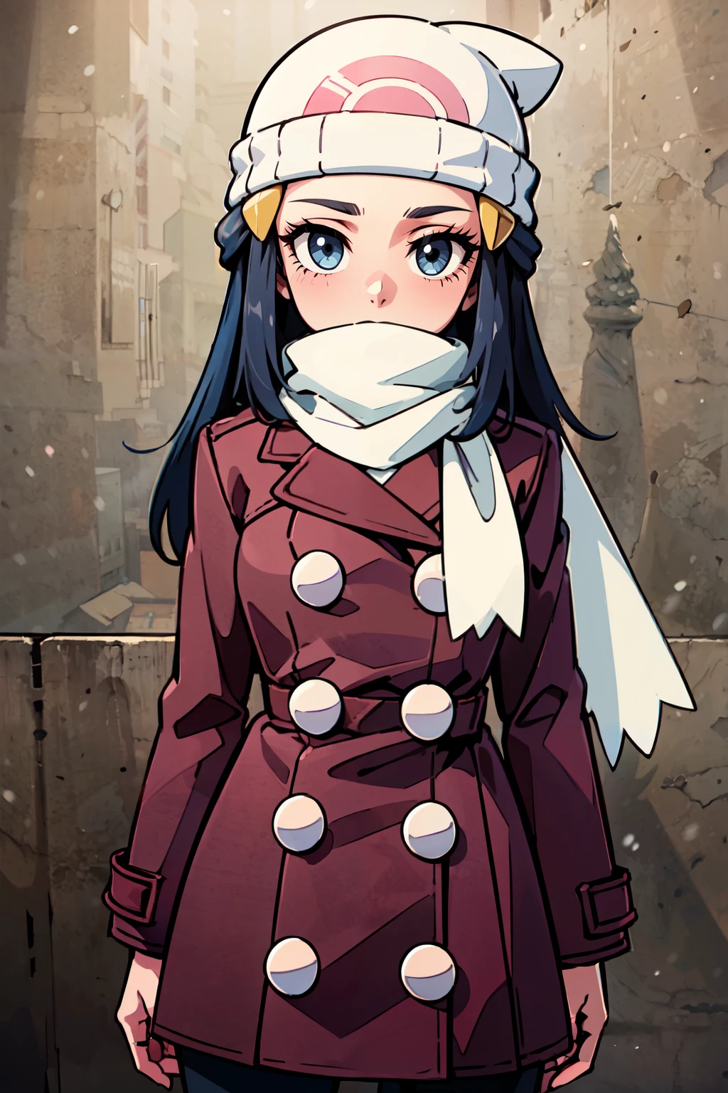 ((masterpiece,best quality)), absurdres, <lora:Dawn_v5:0.7>, zzDawn, winter clothes, coat, beanie, ring, white scarf, alternate costume