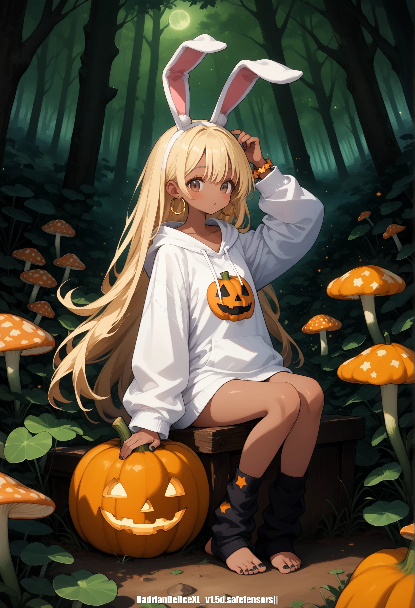 (score_10,score_9_up,score_8_up), very strong contrast, dramatic Lighting,very high detailed,very gorgeous and complicated background,8k,4k,highres,hadrian, full body,darkskin,dark-skinned female,blonde hair,very long hair,star bracelet,toeless loose socks,hoop earrings,brown eyes,no shoes,long sleeves oversized white hoodie,fake bunny ears, Style-GravityMagic,detailed background,detailed face,green-defender,harmony of roots with metal,plant helm,sitting,tranquil,nature powers,magical markings on skin,overgrown mushroomsparticle effects,ruined forest hut left to crumble in background,floating magical wisps,magical haze,filtered light,eerie atmosphere,sahara desert,pumpkin,mushroom,clover,toes,