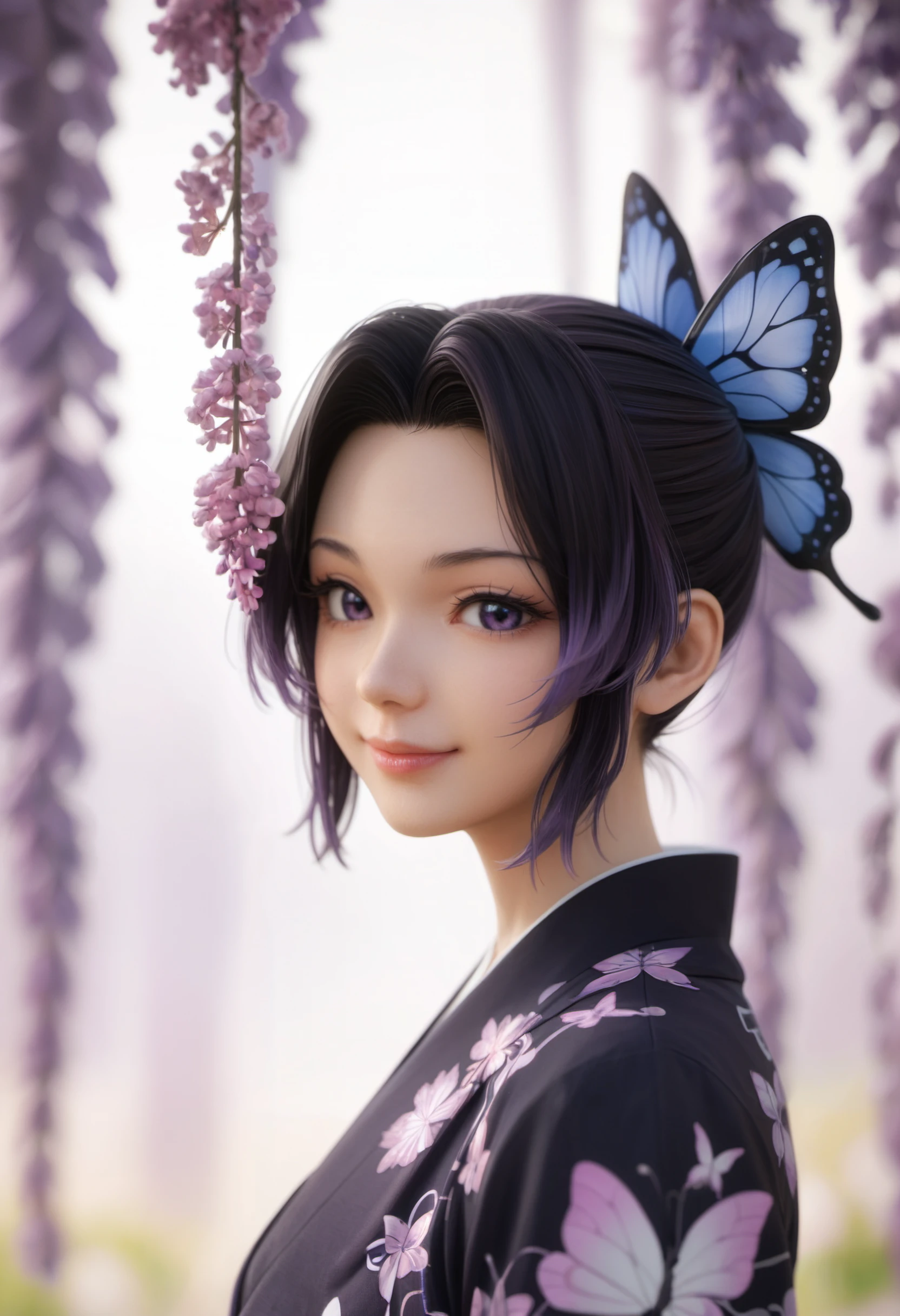 score_9, score_8_up, score_7_up, i want the whole image to be created in 3D anime style, 1girl, solo, looking at viewer, smile, short hair, bangs, black hair, hair ornament, closed mouth, purple eyes, upper body, purple hair, flower, multicolored hair, japanese clothes, kimono, blurry, from side, lips, parted bangs, eyelashes, depth of field, blurry background, bug, animal print, butterfly, butterfly hair ornament, haori, demon slayer uniform, butterfly print, wisteria, kochou shinobu