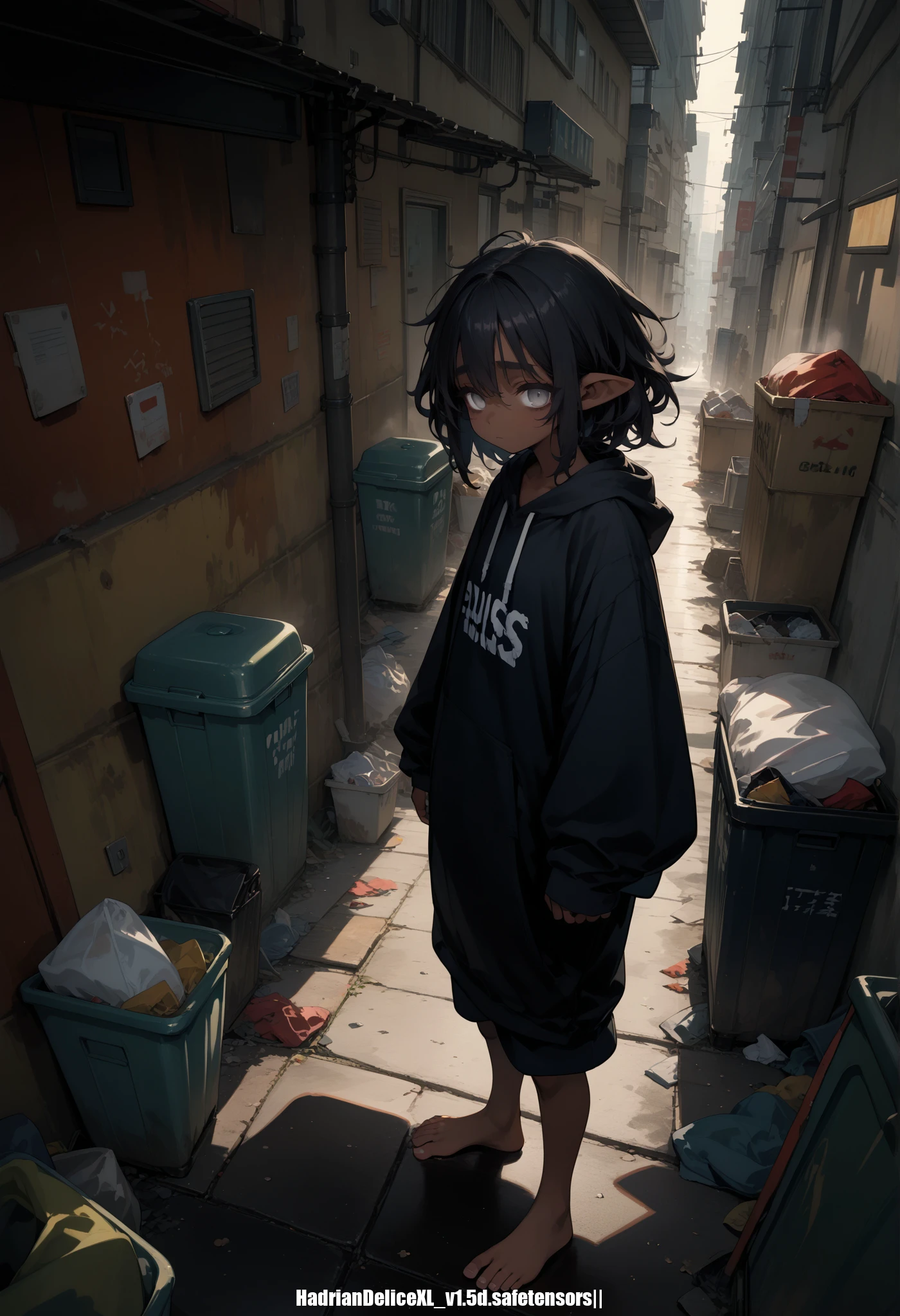 (score_10,score_9_up,score_8_up), very strong contrast, dramatic Lighting,very high detailed,very gorgeous and complicated background,8k,4k,highres,hadrian, panoramic view,from above,fullbody,long hair,homeless,black hair,grey eyes,dark skin,pointy ears,sad,looking at viewer,skyscraper,barefoot,messy hair,bottomless,black hoodie,
alley,dustbin,trash can,trash bag,empty eyes, thick eyelashes,exhausted,sleepy bubble,blurry eyes,holding big bag