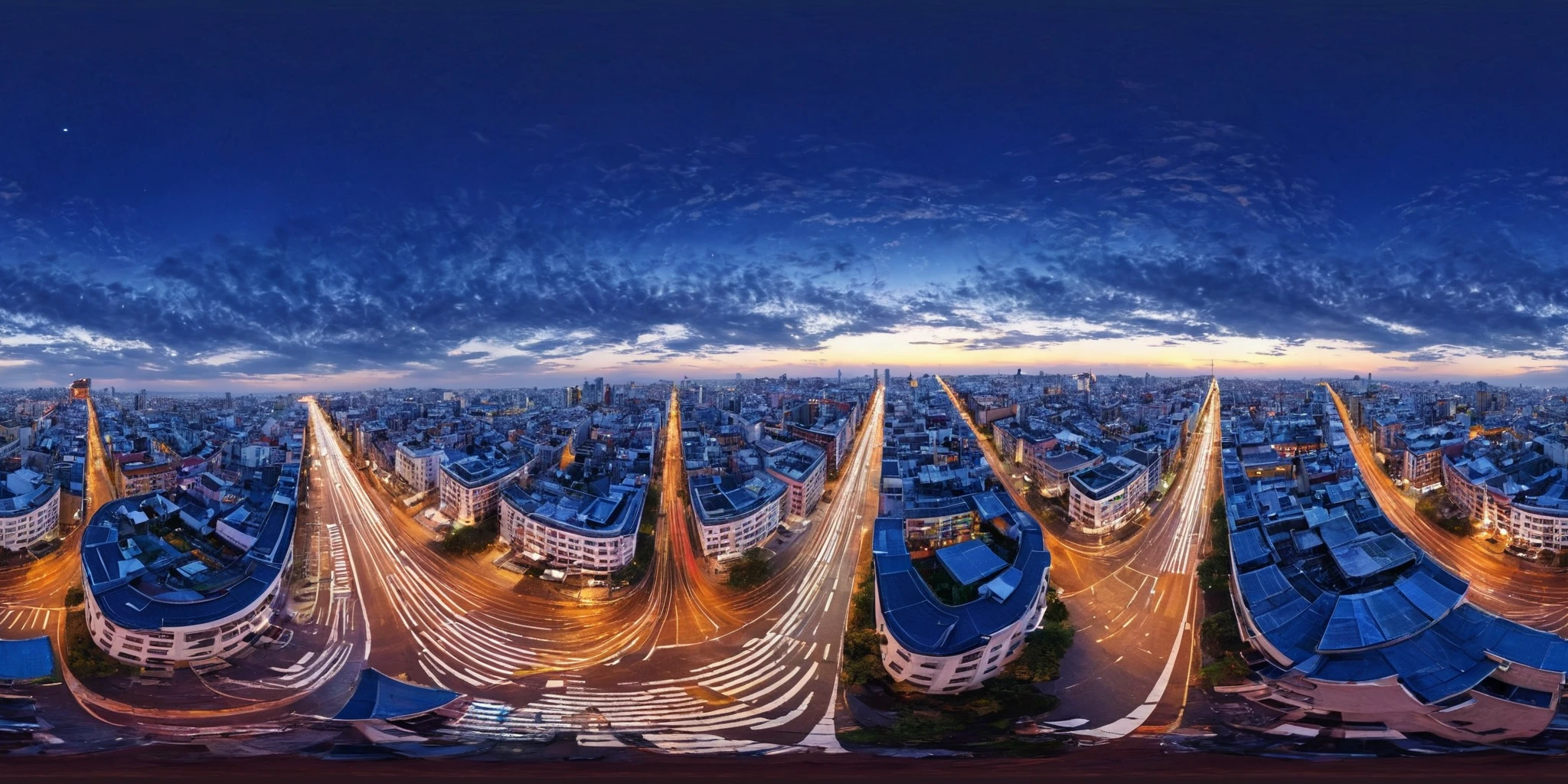<lora:HMSGèªæå
¨æ¯XL:1>,360panorama,Centered Horizon,No seams,Panoramic aerial photography,<lora:å
å½±XL:1>,Night descends on the city, transforming the urban landscape into a mesmerizing mosaic of lights. From a bird's-eye view, the city's architecture is illuminated in a kaleidoscope of colors, with skyscrapers standing tall, their windows aglow like countless stars scattered across the night sky. The streets are veins of light, pulsating with the rhythmic flow of nighttime traffic. This aerial perspective offers a glimpse into the city's vibrant life after dark, a testament to the unceasing pulse of urban existence. The scene is a captivating blend of human innovation and the timeless allure of the night