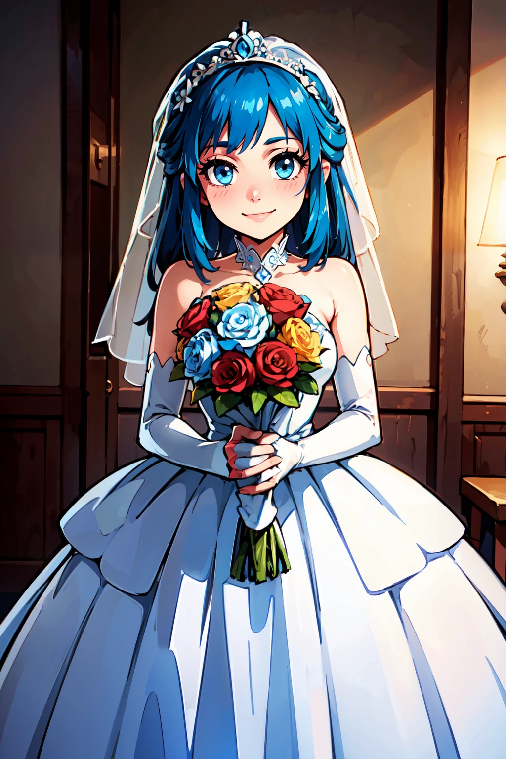 ((masterpiece,best quality)), absurdres, <lora:Dawn_v5:0.7>, zzDawn, blue hair, blue eyes, sidelocks, long hair, bride, wedding dress, bridal veil, strapless dress, elbow gloves, holding bouquet, smile,