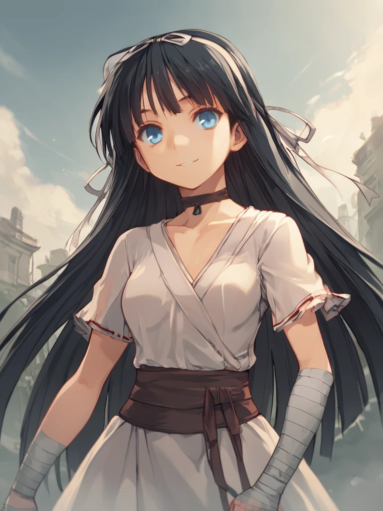 score_9, score_8_up, score_8, <lora:rance_pony_v1-0:0.8>
uesugi kenshin, 1girl, solo, long hair, smile, blue eyes, black hair, dress, ribbon, very long hair, hair ribbon, choker, dutch angle, bandages