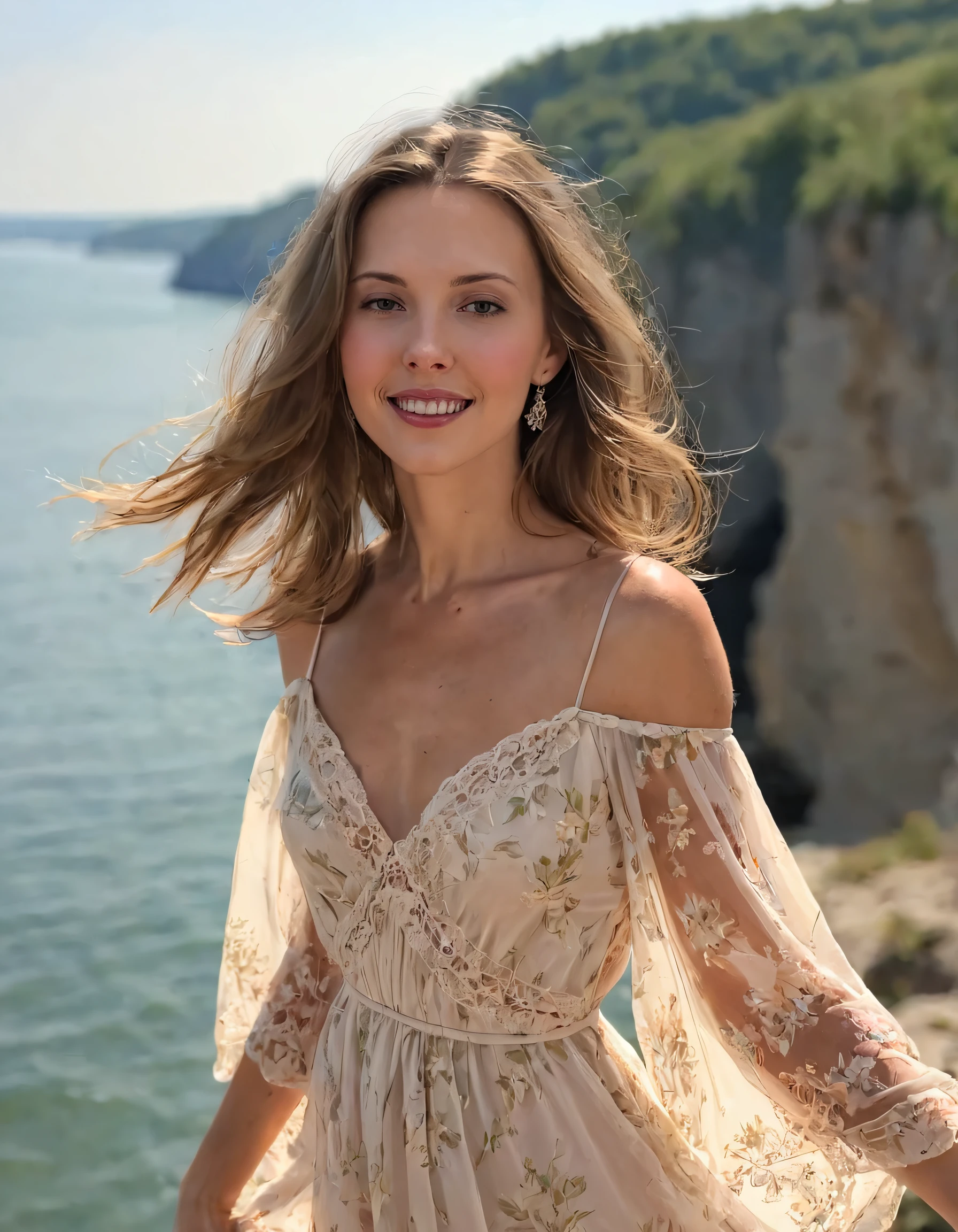 The captivating subject, Eva Amur, stood alone in her effortlessly beautiful bohemian dress with rich brown hair cascading down her shoulders, basking in the sun's golden glow while perched on a spectacular seaside cliff. As she exuded an air of timeless gracefulness, her infectious smile and full lips captured the attention of the male focus, creating a poignant yet breathtaking scene with the free-spirited outfit elegantly blending into the stunning backdrop. <lora:vzqgvv18f77a25de0uae9:1>