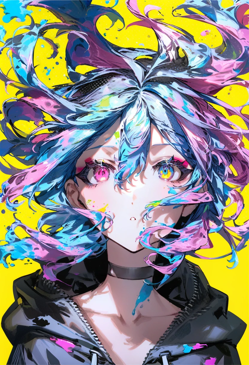 ((masterpiece)), (((best quality))), ((ultra-detailed)), ((illustration)),[realism light effect],shadow,(Fantasy style),(white background:1.6), simple background, (earth theme),(a cloak)[(hair focus,((1girl)),[(big slime hair): (cloud hair):0.3], (hair on background),(high saturation),(hair surrounded by galaxy splashes),)):((her hair is becoming galaxy clouds,:1.27628), (hair and clothes is galaxy clouds and cluster of stars:1.1025),(a cloak is becoming galaxy clouds)(colorful_galaxy_print_clusters_of_stars_print:1.35),((detailed starry sky with colorful galaxy and galaxy clouds):1.2)):0.35], (((masterpiece))),(((best quality))),((ultra-detailed)),(illustration),(dynamic angle),((floating)),(paint),((disheveled hair)),((beautiful detailed face)),collar,bare shoulders, ((colorful hair)),((streaked hair)),beautiful detailed eyes,(Gradient color eyes),(((colorful eyes))),(((colorful background))),(((high saturation))),(((surrounded by colorful splashes))),(((surrounded by colorful dot))),colorful bubble,((shining)),