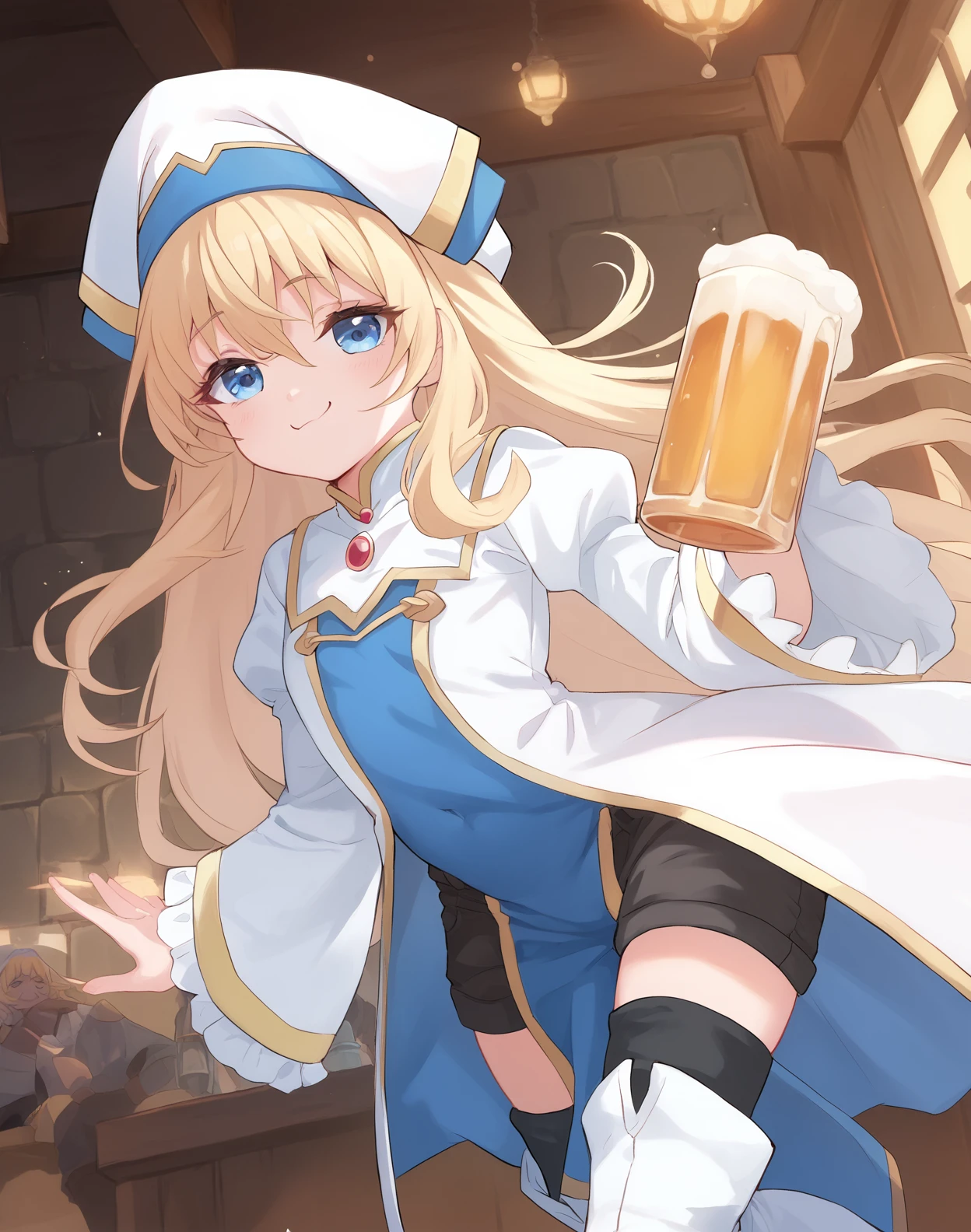 score_9, score_8_up, score_7_up,score_6_up, 1girl in a tavern, smug, holding a beer mug,
<lora:fishinlol_style_pony6_v2-000016:1> <lora:priestess_goblin slayer_PONY_epoch-000020:0.6> priestess-default,(priestess from goblin slayer:0.8),blue eyes,long hair, blonde hair,white headwear,white dress,frilled sleeves, blue pelvic curtain,(black shorts:0.9),thighhighs,white boots, priestess-shirt