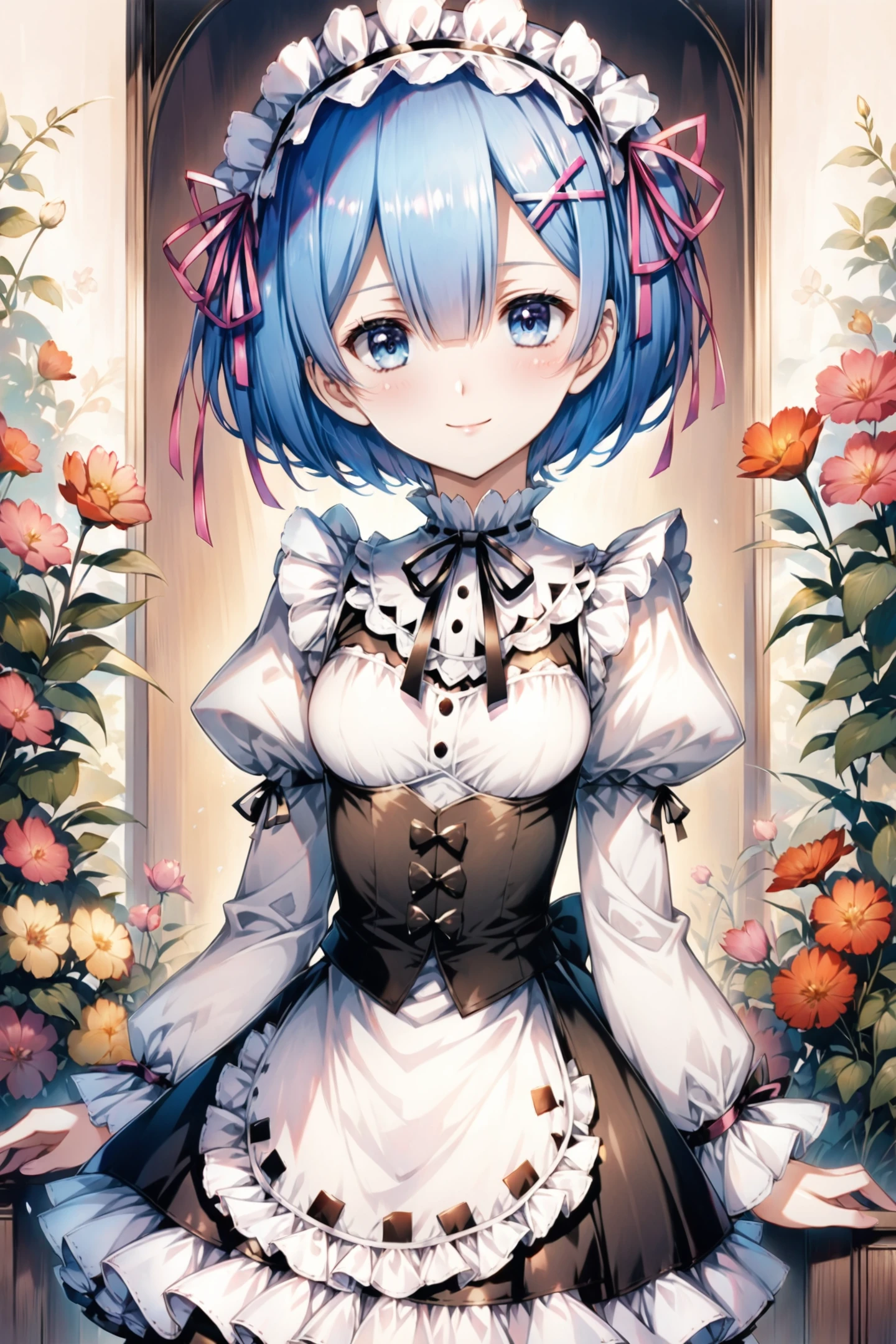 1girl,solo,rem (re:zero),blue hair,x hair ornament,short hair,hair ornament,blue eyes,maid,looking at viewer,ribbon,maid headdress,long sleeves,dress,roswaal mansion maid uniform,smile,hair ribbon,breasts,puffy sleeves,frills,apron,bangs,closed mouth,black ribbon,pink ribbon,blush,medium breasts,black dress,juliet sleeves,cowboy shot,flower,hair between eyes,red ribbon,waist apron,
<lora:flyx3_XL_netaArt:1>,