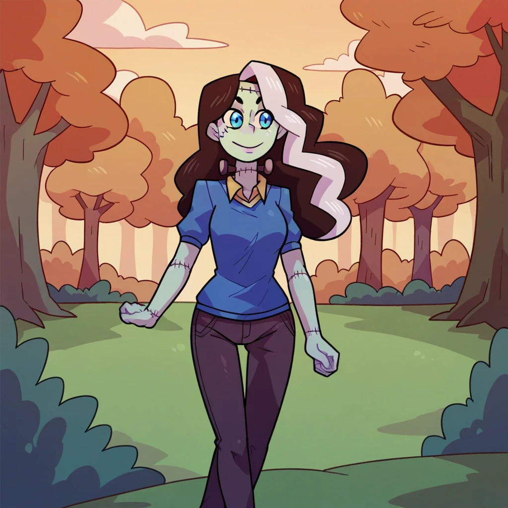 score_9, solo, <lora:(Monster Prom) - Vicky XL:0.7> vicky schmidt, monster prom, long hair, two-tone hair, blue eyes, colored skin, stitches, walking in the park