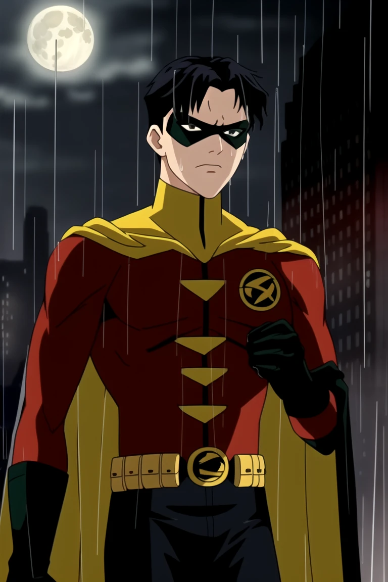 4k, uhd, 2d, anime, (masterpiece), wallpaper, jason todd, 1boy, male focus, serious, black hair, domino mask, red bodysuit, black gloves, cape, superhero, looking at viewer, upper body, hands in pocket, city, night, rain, moon,