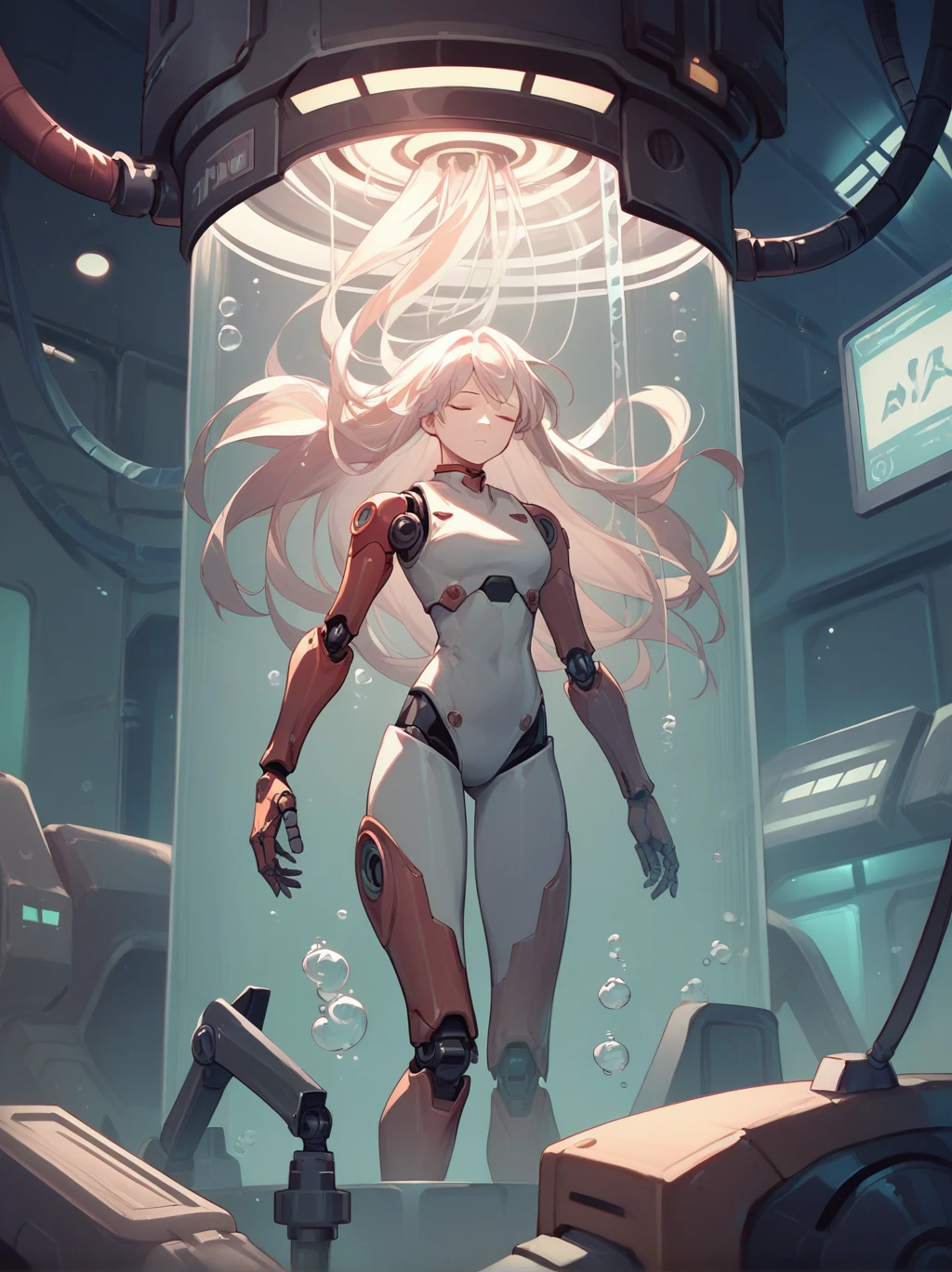 (Masterpiece 1.3, Highest Quality, Top resolution, Official art, Overwhelmingly beautiful: 1.2), Very detailed, Colorful, (super detailed: 1.1), (highly detailed CGillustration), ((Very delicate and beautiful) ), Cinematic Light, cultivation tank, Place the culture tank in the aquarium,(1 girl), Solo, long hair floating, (under the water:1.2), Bubbles, (Mechanical Bodysuit:1.3), anklets, Freediving, (Whole body: 1.1), Mechanical joints, Tube blood vessels connected to the back, Countless cables,body made of metal、Suspension joints、Muscle and metals、Mechanical vertebrae attached to the back, Mechanical neck attached to the neck, deadpan, Wires and cables attached to the neck, Wires and cables in the head, bolts, pipes, (Character Focus:1.3), Science fiction