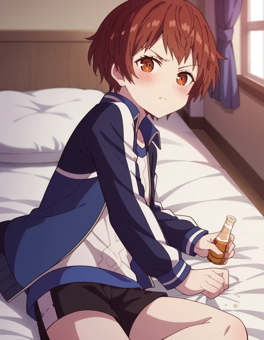 score_9, score_8_up, score_7_up, source_anime,
isamihijikata, <lora:isami-hijikata-movie-ponyxl-lora-nochekaiser:1>,
isami hijikata, short hair, brown hair, brown eyes,
jacket, shorts, black shorts, blue jacket, open clothes,
indoors, bed, bed room, on side, blush, drunk,
solo, dutch angle, looking at viewer, cowboy shot,