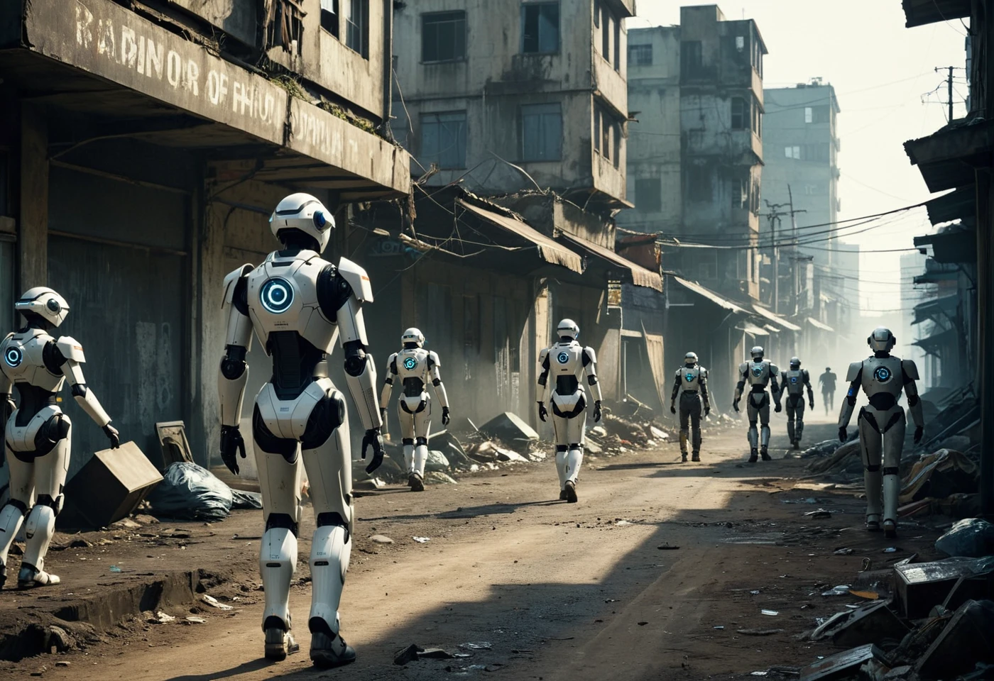 a high-ranking cybernetic autonomous agent with primitive robots moves in a column along the street among the futuristic slums of the distant future, the column of synthetic actors is seen off by angry and dissatisfied residents of the abandoned quarters of a gloomy metropolis
BREAK Lower city scavengers, tattered robes, soiled faces. Picking through refuse heaps, rust and decay. Scanning for salvageable metals, usable circuitry. Children underfoot, emaciated frames, hollow eyes. Makeshift tools, crude shovels, bare hands. Occasional find, discarded device, valuable component. Scrutinizing each scrap, desperate hunger for resources.
BREAK Coughing fits, toxic fumes, acrid stench. Watchful drones overhead, impassive robotic overseers.Backbreaking toil, bleak survival, glimmers of hope.
BREAK (from_below:1.3), (realistic raw photograph, shallow depth of field with strong swirly bokeh effect:1.1), analog film grain and analog film physical effects simulation, light leaks and sun flares, ( tessellation:0.9), (surreal ethereal otherworldly scenery:1.15), (lifelike,crisp,precise:1.1)