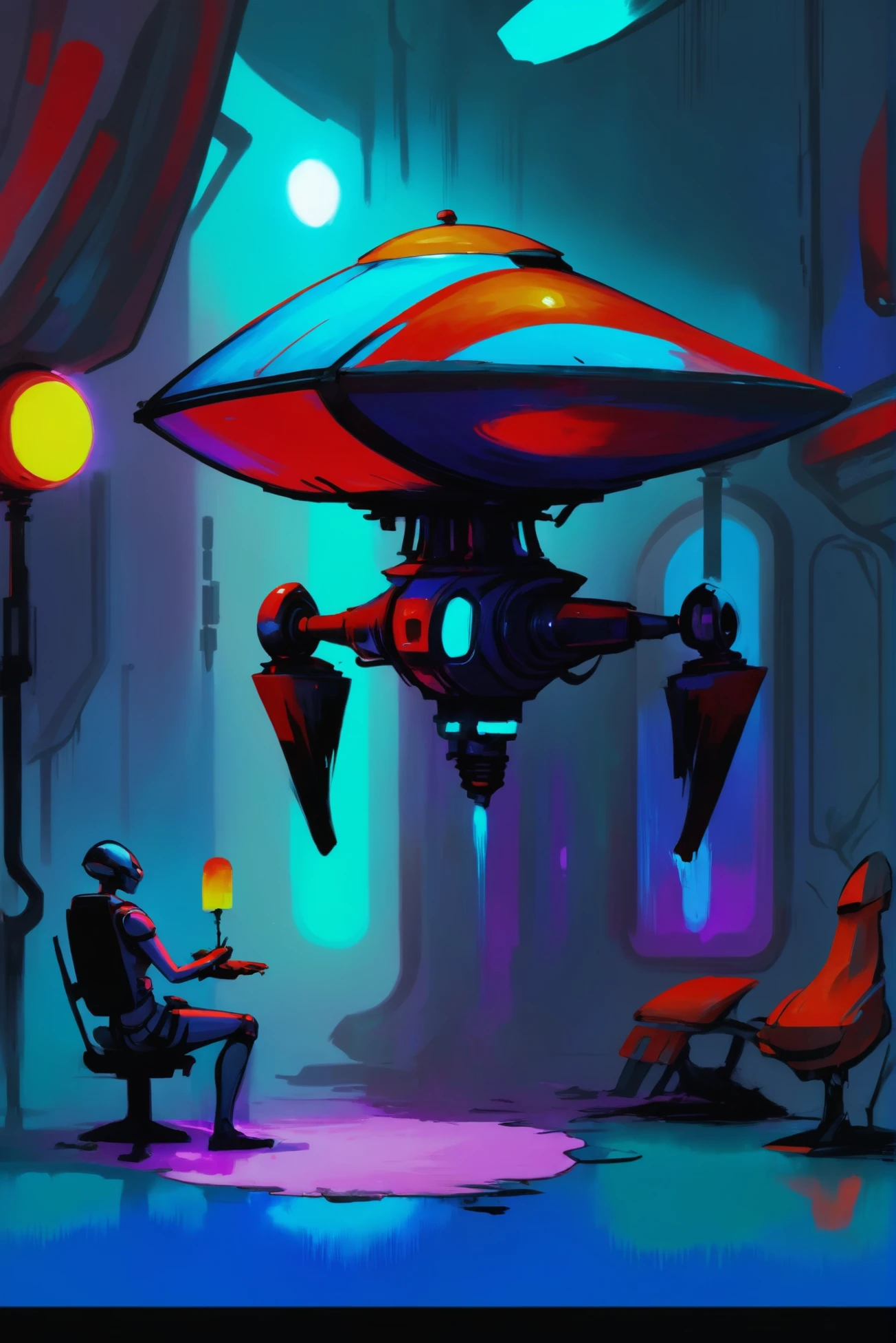 digital painting, epic fantasy, Self-Aware Robot Repair Shop \(room\), A luxurious, alien, space yacht with a self-repairing nano-coat<lora:EnvyStarlightConfetti01:1>