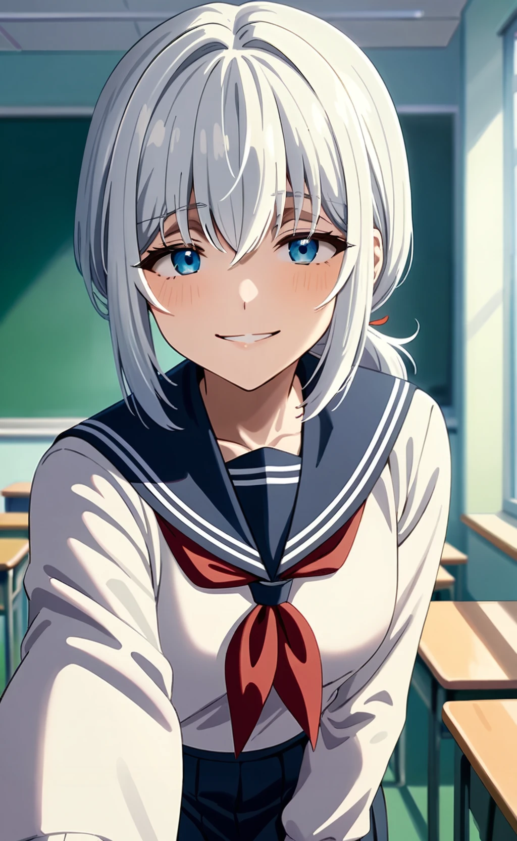 (masterpiece), (best quality), newest, (intricate details, very aesthetic), good hands  1girl, <lora:saitou_ine:1>, ine_wz, short hair, white hair, low ponytail, blue eyes, school uniform, serafuku, white shirt, long sleeves, blue skirt, long skirt, blue sailor collar, red ribbon, classroom,  pov, selfie, looking at viewer, smile, light blush, window, light rays, <lora:sd_xl_dpo_lora_v1:1>