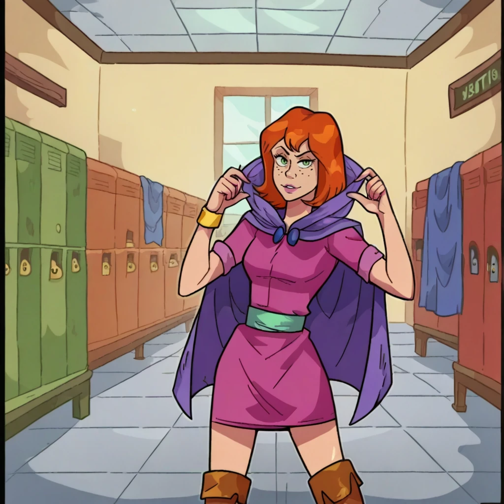 score_9, school hallway, lockers, solo, <lora:MonsterProm_XL:0.7> monsterprom, <lora:SheilaDD_XL:1> sheiladd, dungeons_and_dragons, red hair, short hair, cloak, leather boots, dress, belt, freckles