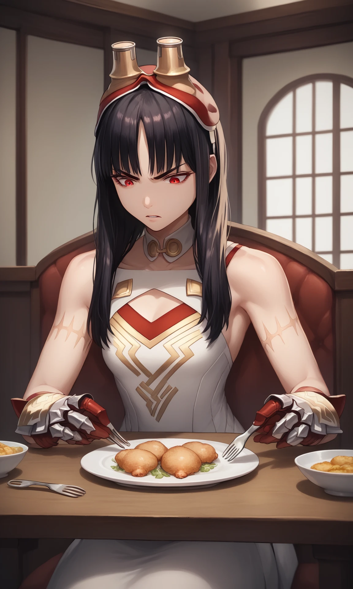 score_9, score_8_up, score_7_up, score_6_up, source_anime, def_hraesvelgr, 1girl, solo, indoors,  disgust, sitting on chair, portrait, close-up, table in front, plate, chicken (food), looking down at plate, holding fork, parted lips, v-shaped eyebrows, goggles on head, white sleeveless dress, backless outfit, gauntlets, red gloves, straight-on,