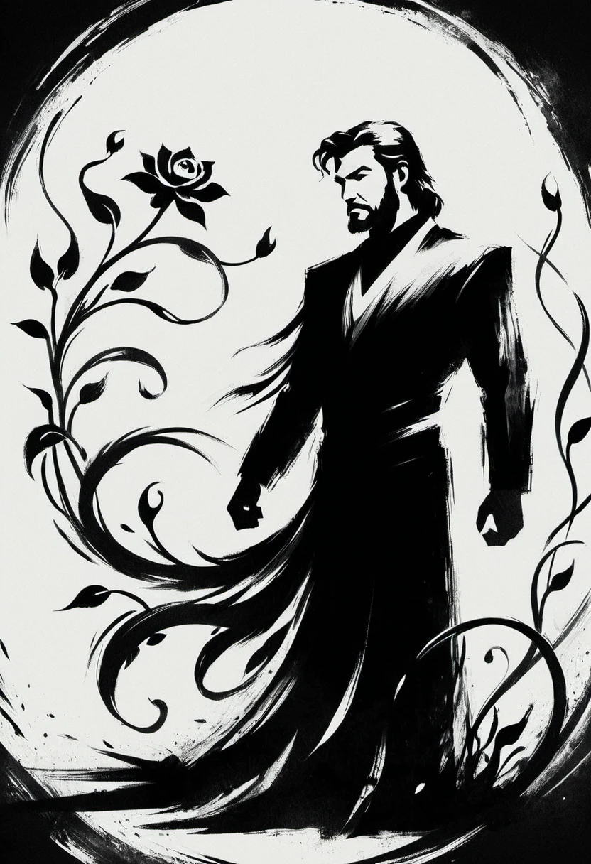 
ShodoShuji-Swipe, (brush strokes:1.1), silhouette of Jonathan Frakes with long hair flowing in swirls, black and white,flower, dress, from side, vines, simple background, long hair, full body, black and white background, silhouette