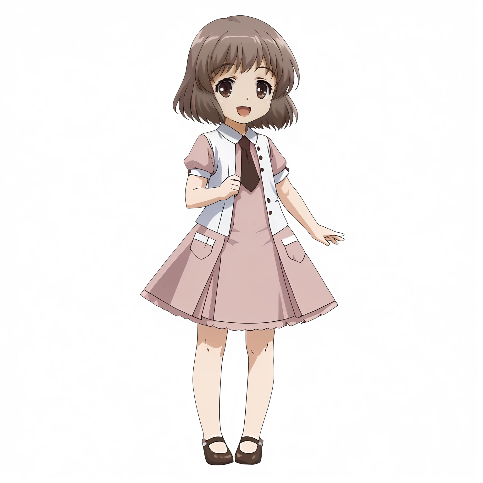 <lora:SakuraAmatsukaXLpony001>,
smile,open mouth,
solo,
SakuraAmatsuka,1girl,brown hair,short hair,brown eyes,
pink_dress,white vest,necktie,
full body,standing,