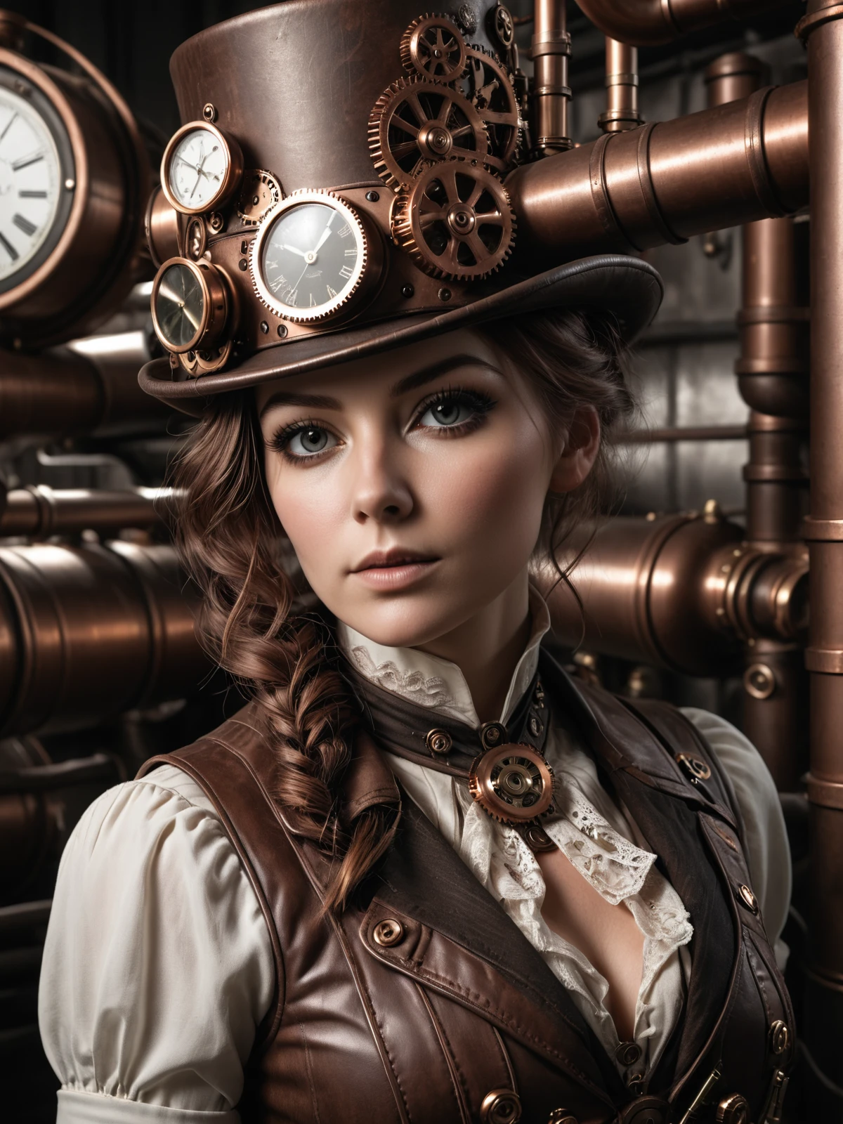 woman wearing a mad-stpk-ht,, steampunk,  portrait, close-up,  pipes, tanks, steam<lora:Gearbound_Steampunk_Chic_2_SDXL:0.6>, raw photo, film grain, Fujifilm XT3, (photorealistic, realistic:1.2), deep shadow,  8k, uhd, dslr, ultra high res