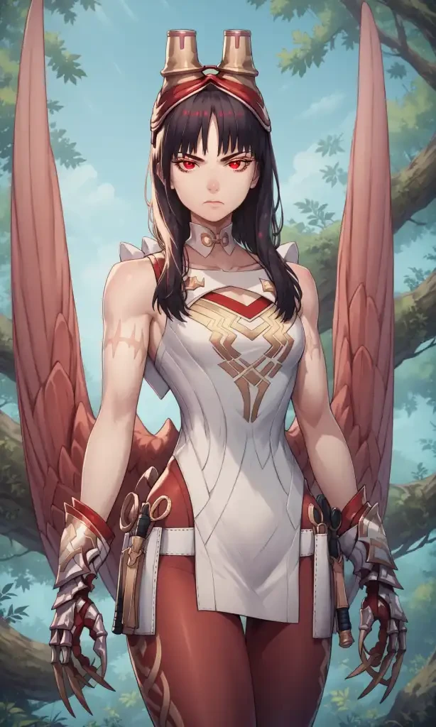 score_9, score_8_up, score_7_up, score_6_up, source_anime, 1girl, solo, def_hraesvelgr, outdoors, forest, blue sky, looking at viewer, upper body, breasts, goggles on head, white sleeveless dress, backless outfit, choker, clothing cutout, collarbone, red leggings, red gloves, gauntlets, claws, thigh holster,looking at viewer, serious, low wings,