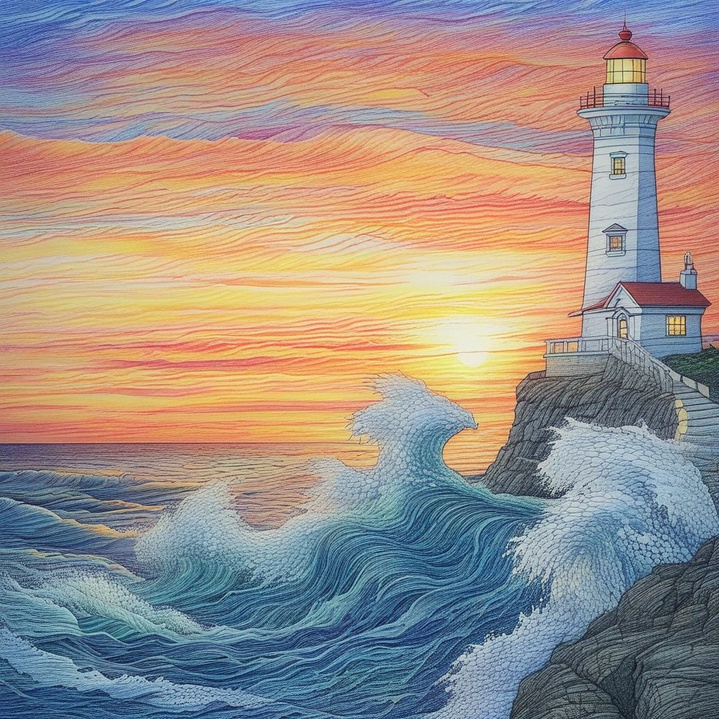 Sunset, ocean waves, cliff, lighthouse