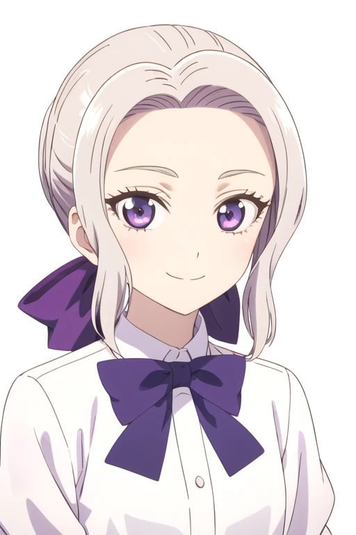 solo, 1girl, looking at viewer, 2D, anime, anime coloring, upper body, (simple background, solid white background:1.3), <lora:shino-kanojokanojo:0.8>, shino kiryuu, white shirt, bowtie, smile