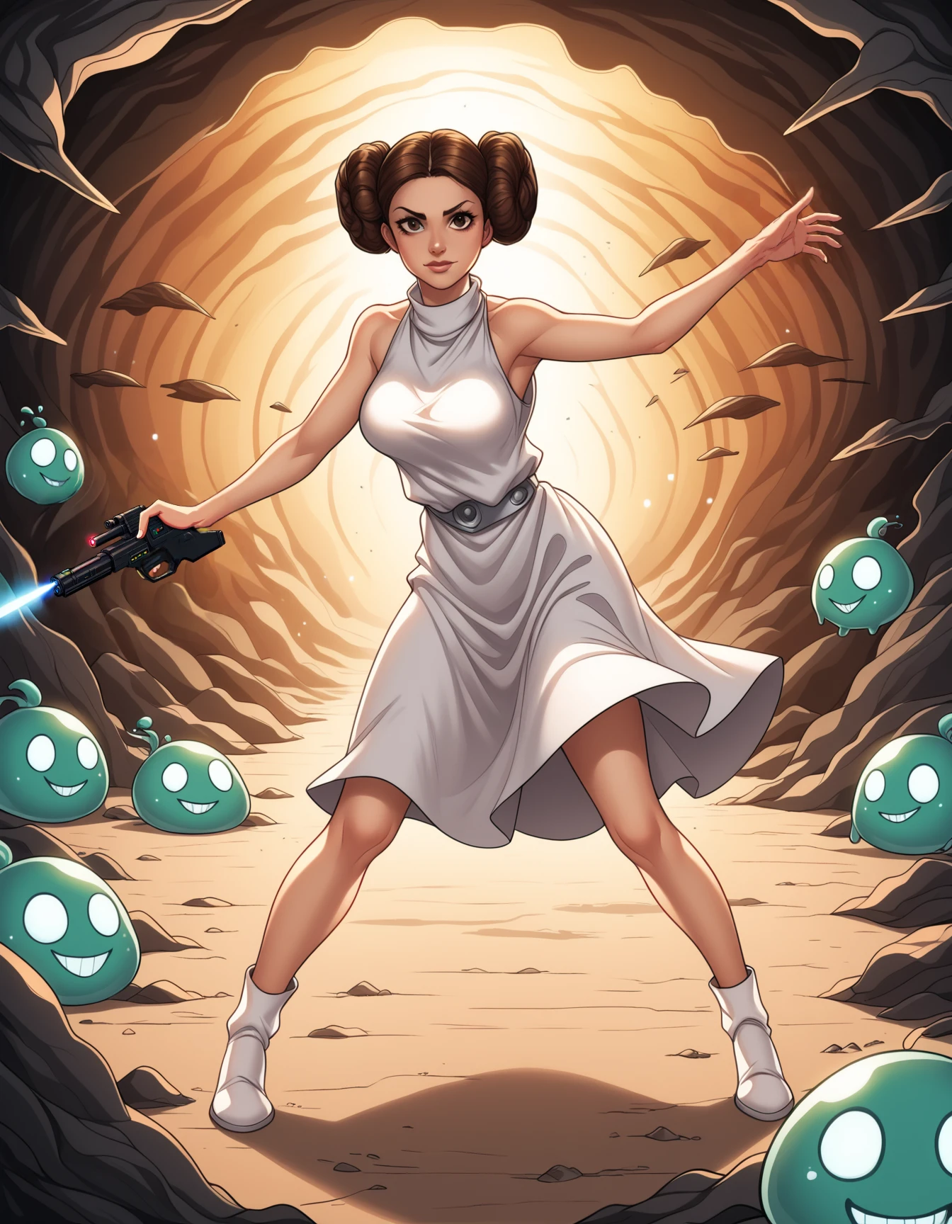 score_9, score_8_up, score_7_up, score_6_up, score_5_up, score_4_up,  
leia_organa,rating: explict,kyuyongeom,  brown eyes, dress,1girl,lasergun, weapon, dynamic pose, large breasts, landingfield, cave, sexy leg
