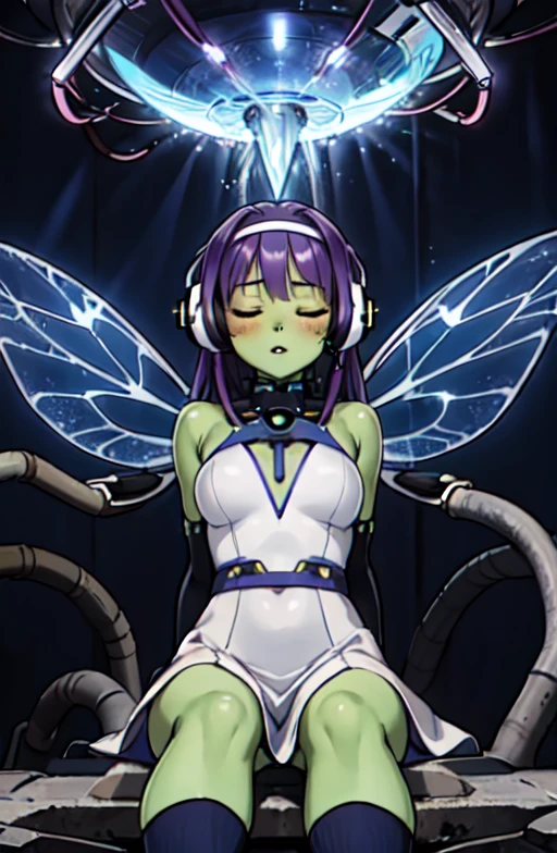 crolisproject, 1girl, closed eyes, green skin, parted lips, neutral face, long hair, purple hair, fringe, glass dragonfly wings,  headband, headset, white dress, kneehighs, (sitting inside a blue energy sphere, pipes and technology:1.2), distant, distance,  extremely bright light, silhouette, godrays, light rays, volumetric fog, volumetric light, < <lora:Greenpeace_Crolis:0.6>, zapping, lightning, effects,