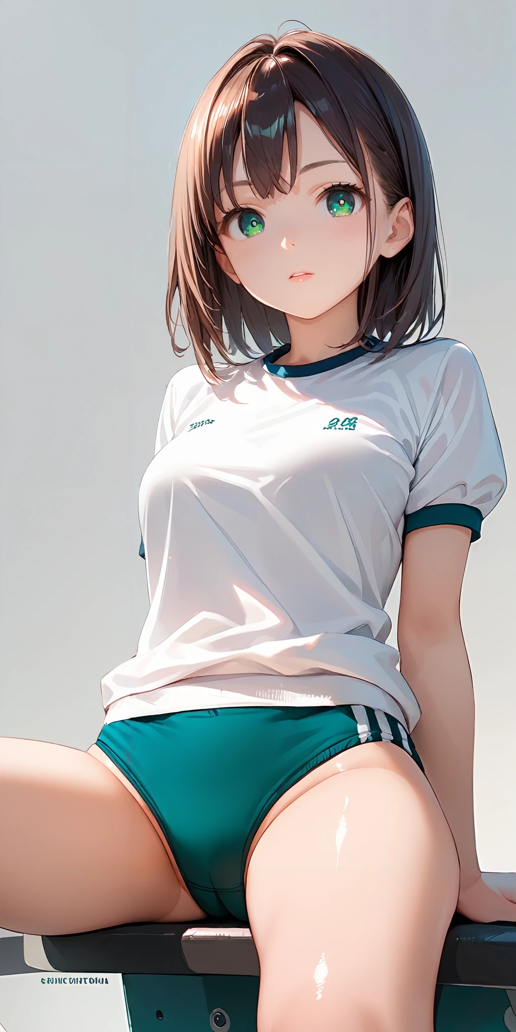 score_9, score_8_up, score_7_up,source_anime, high res image,masterpiece,best quality,girl,cute face,clear skin,shiny hair,ultra detailed eyes,simple background, <lora:buruma_Pony_V1.0:1> sgu, gym uniform,green buruma,sitting