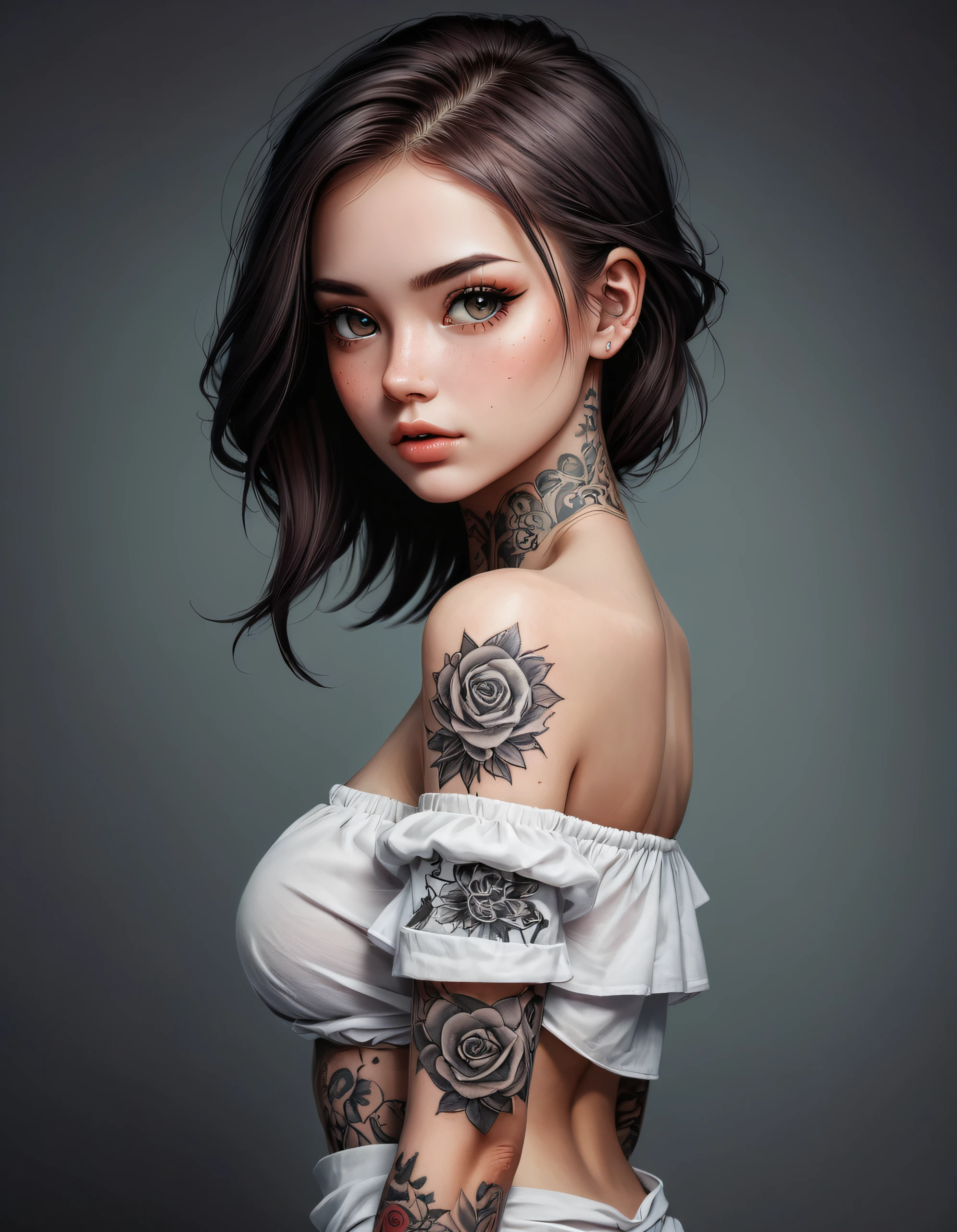 digital art, beautiful girl with a plain strapless top and a sleeve tattoo, doll style