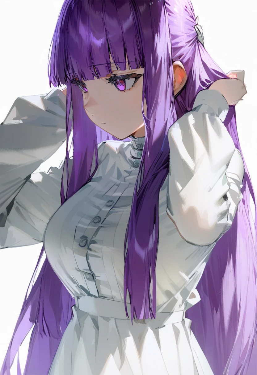 masterpiece, best quality,<lora:QUASARCAKE_XL_ANI31_lokr_V42310:0.95> 1girl, fern \(sousou no frieren\), solo, purple hair, long hair, purple eyes, white dress, white background, dress, simple background, long sleeves, blunt bangs, closed mouth, straight hair, upper body, arms up, breasts, sidelocks, expressionless, buttons, very long hair
