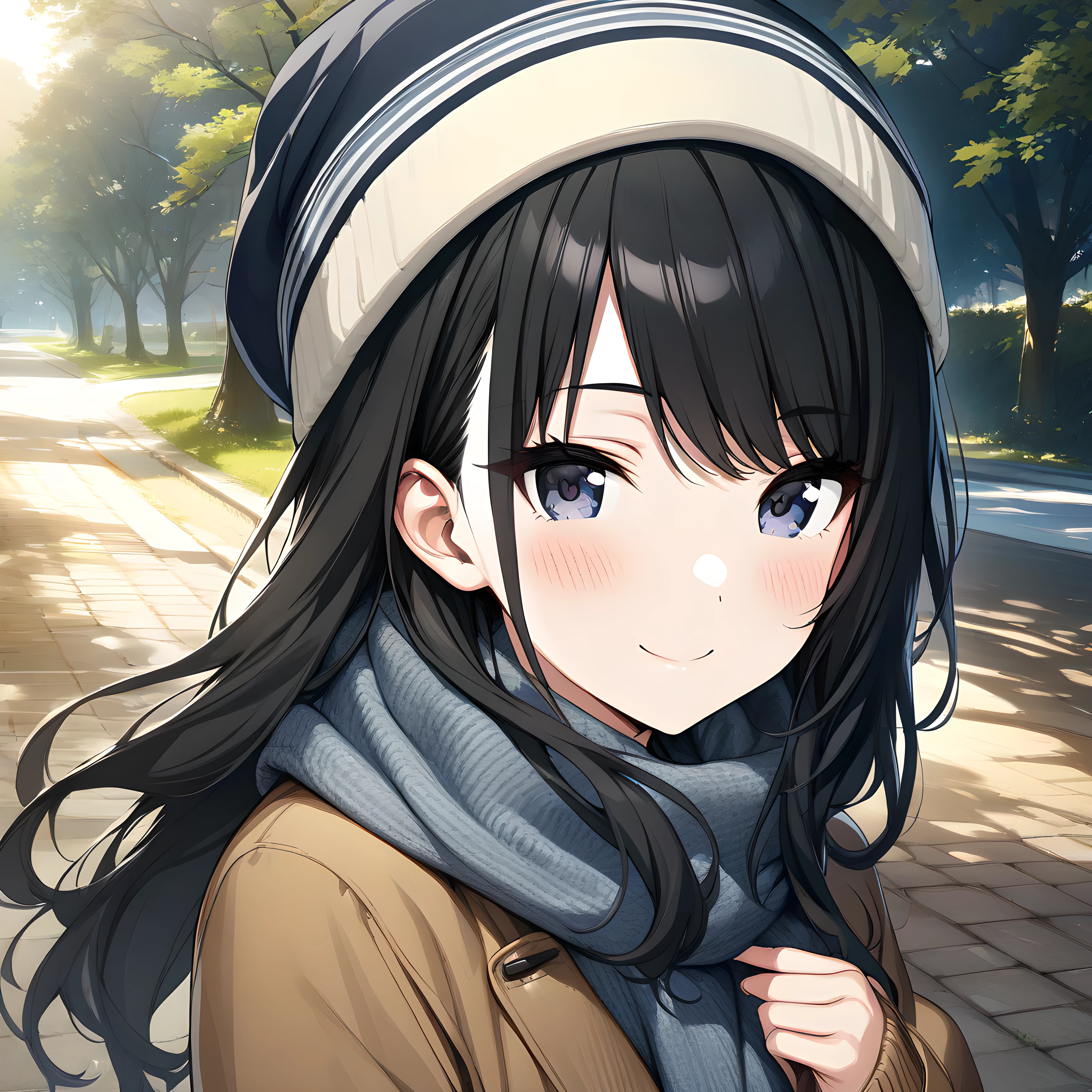 (masterpiece),(best quality),(ultra-detailed),(best illustration),(best shadow),(absurdres),(detailed background),(very aesthetic),  hiori kazano, 1girl, solo, tree, black hair, outdoors, looking at viewer, hat, smile, scarf, blush, long hair <lora:XL-HioriKazanov1:1>