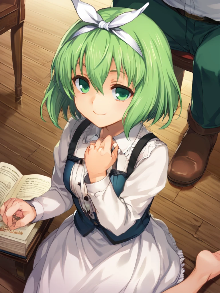 score_9, score_8_up, score_8, <lora:rance_pony_v1-0:0.8>
tilde sharp, 1girl, smile, short hair, bangs, brown hair, shirt, long sleeves, 1boy, bow, ribbon, hair between eyes, sitting, closed mouth, green eyes, hair ribbon, hair bow, hairband, green hair, shiny, collared shirt, indoors, white dress, shiny hair, book, dutch angle, dress shirt, from above, white bow, white ribbon, white hairband, wooden floor, bow hairband