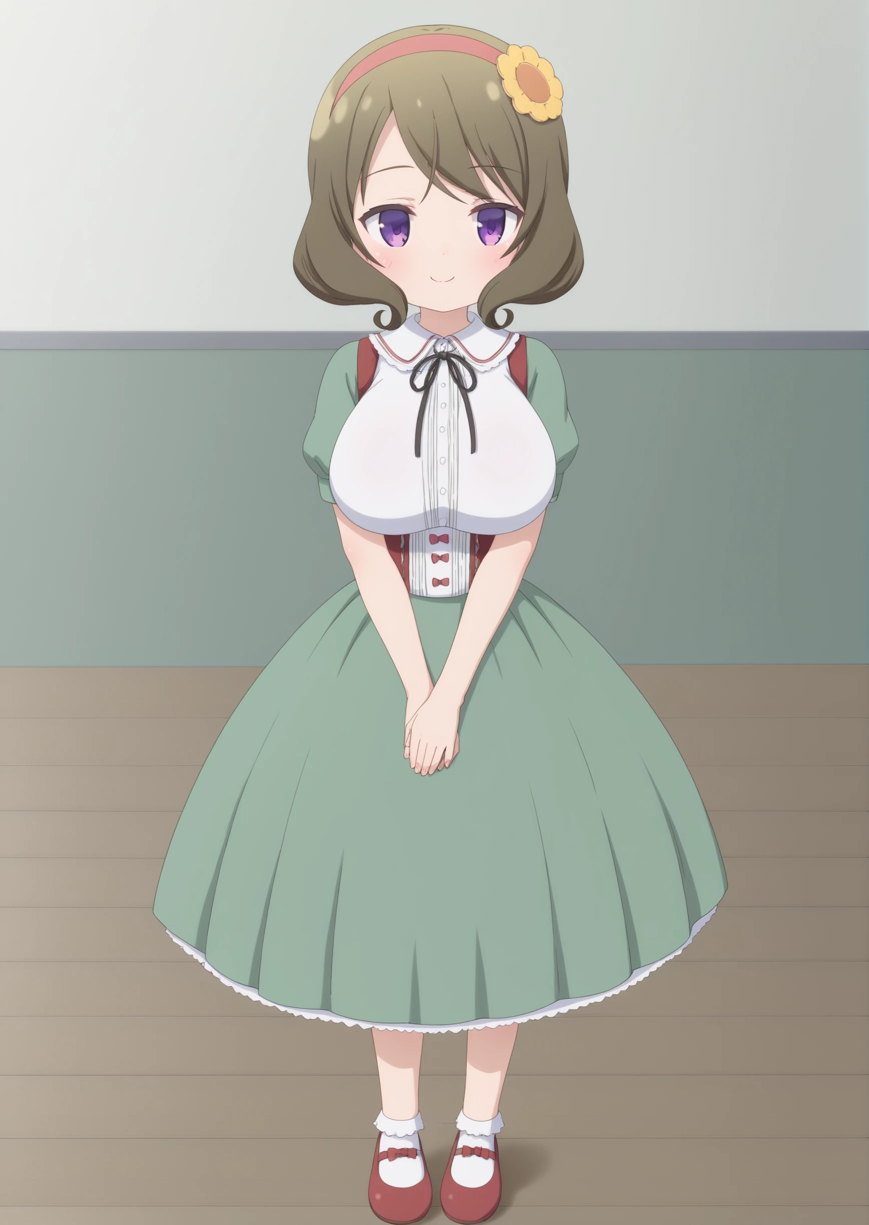score_9,score_8_up,score_7_up,source_anime,masterpiece,best quality,1girl,solo focus,
kuroyanagi ruriko,purple eyes,hairband,hair flower,
white shirt,short sleeves,green sleeves,long skirt,green skirt,black ribbon,white socks,mary janes,
huge breasts,skinny,shiny skin,
blush,smile,
standing,full body,
indoors,facing viewer,own hands together,
<lora:StS_detail_slider_v1:3> <lora:kuroyanagi_ruriko:0.8>